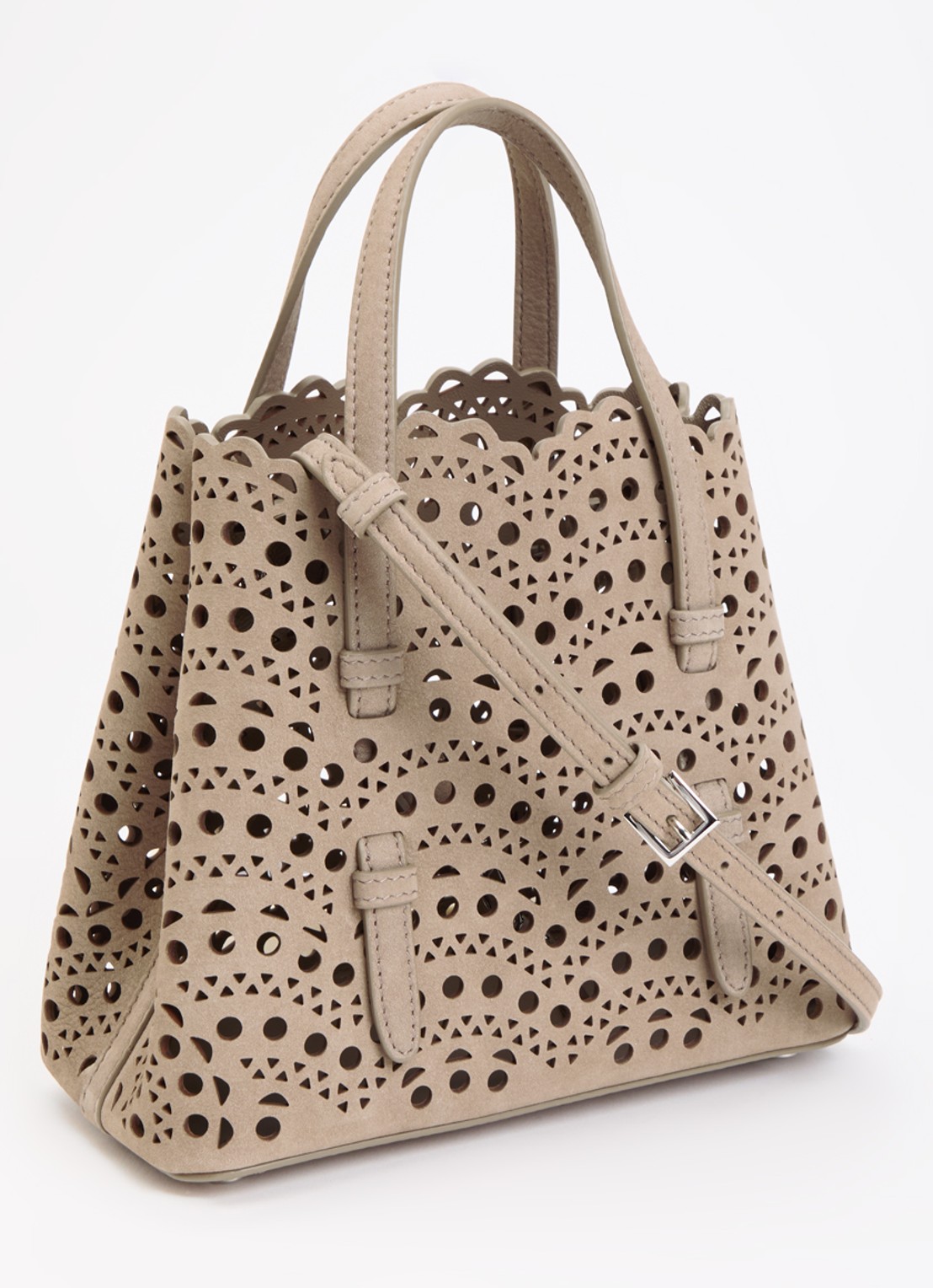 Alaïa Mina 20 crossbodytas van nubuck met uitneembaar etui en afneembare schouderriem - achterkant 4 taupe