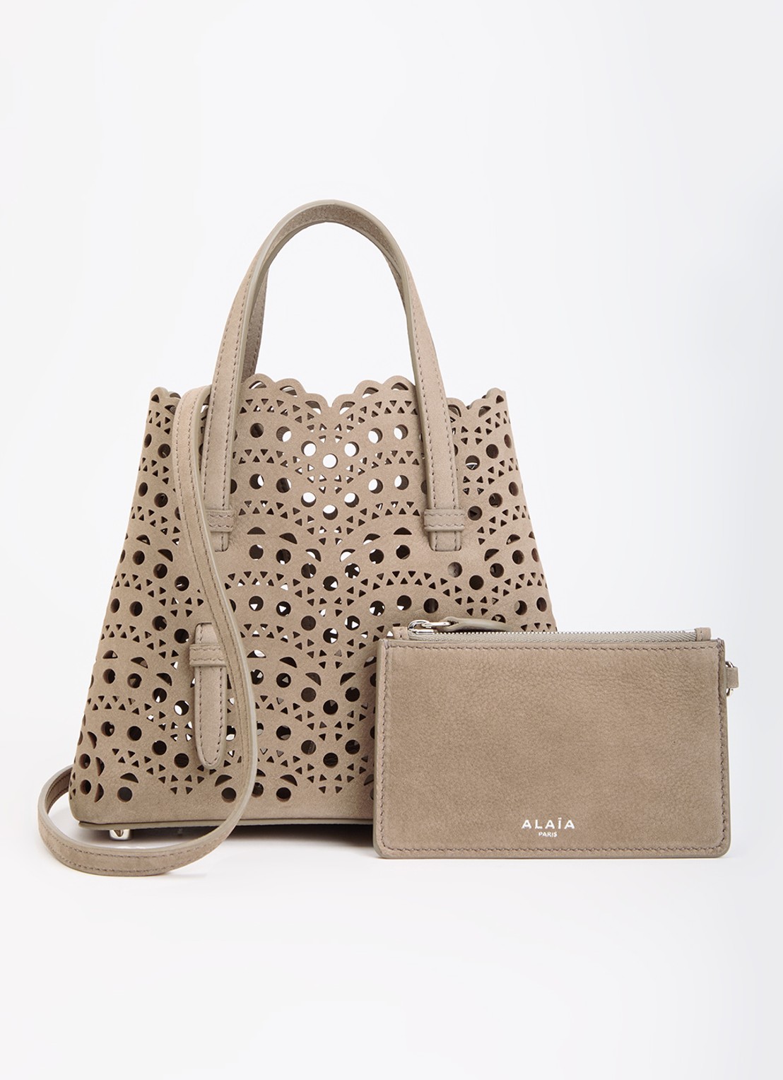 Alaïa Mina 20 crossbodytas van nubuck met uitneembaar etui en afneembare schouderriem - voorkant 5 taupe