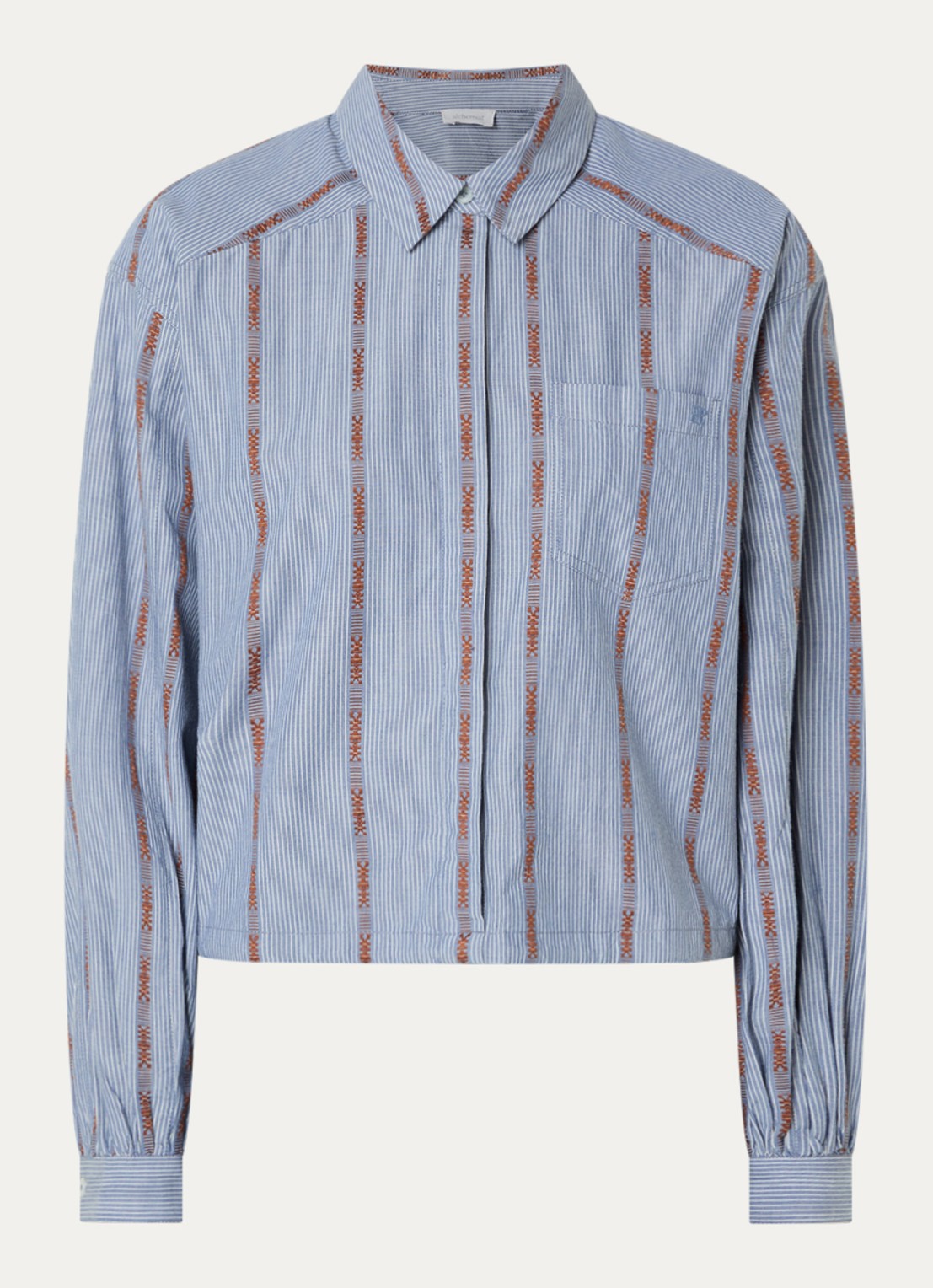 alchemist Fay blouse met streepprint en borstzak - voorkant 2 staalblauw