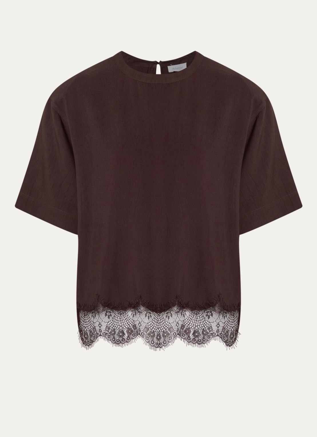 alchemist Fia T-shirt met schoudervulling en details van kant - voorkant 2 chocoladebruin