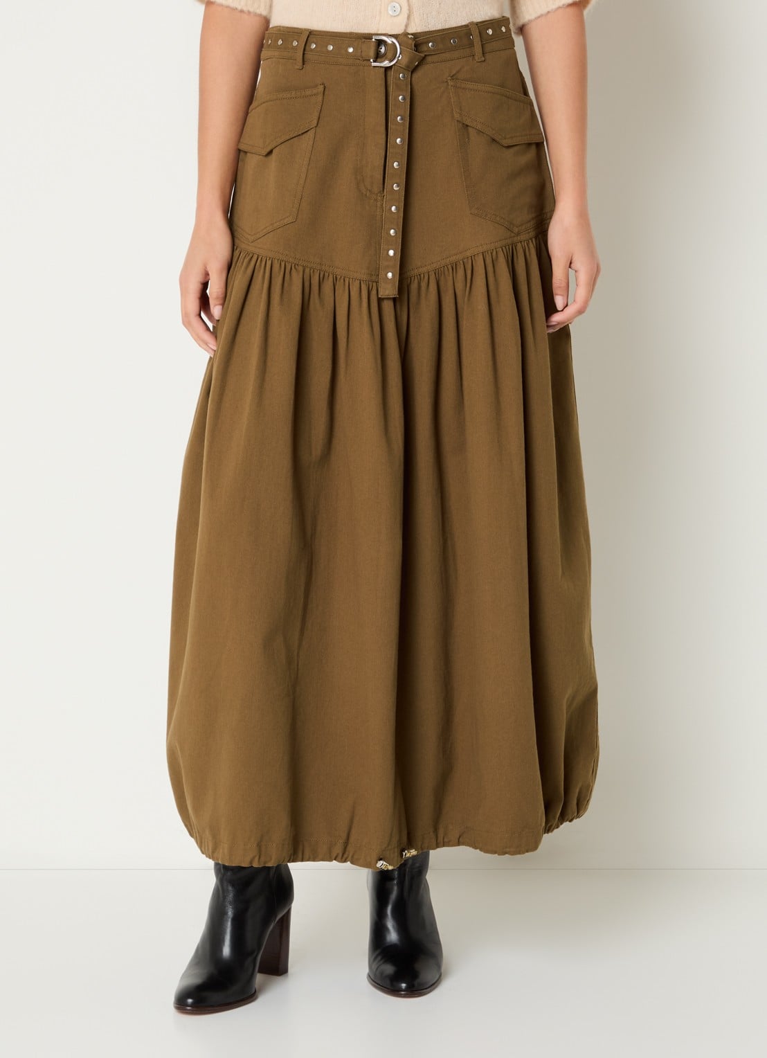 alchemist Royi midi rok met ceintuur - detail mosgroen
