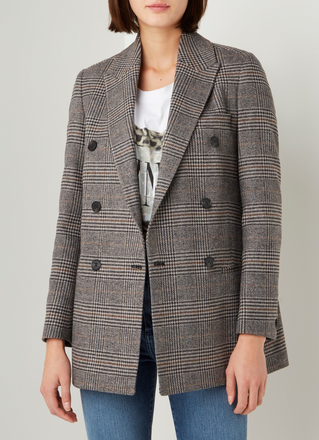 ALLSAINTS Astrid double-breasted blazer in wolblend met ruitdessin - detail 3 grijs