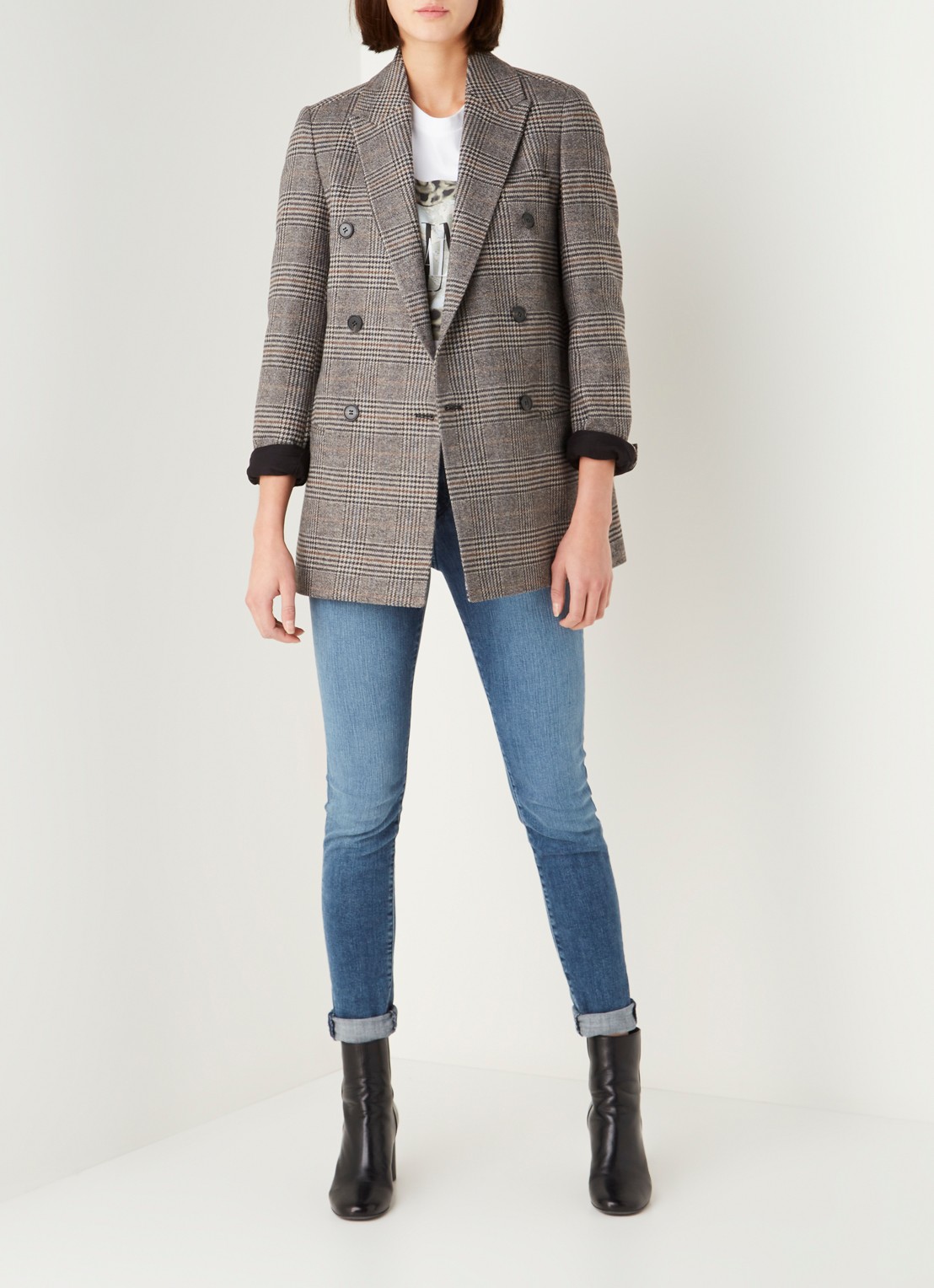 ALLSAINTS Astrid double-breasted blazer in wolblend met ruitdessin - voorkant 2 grijs