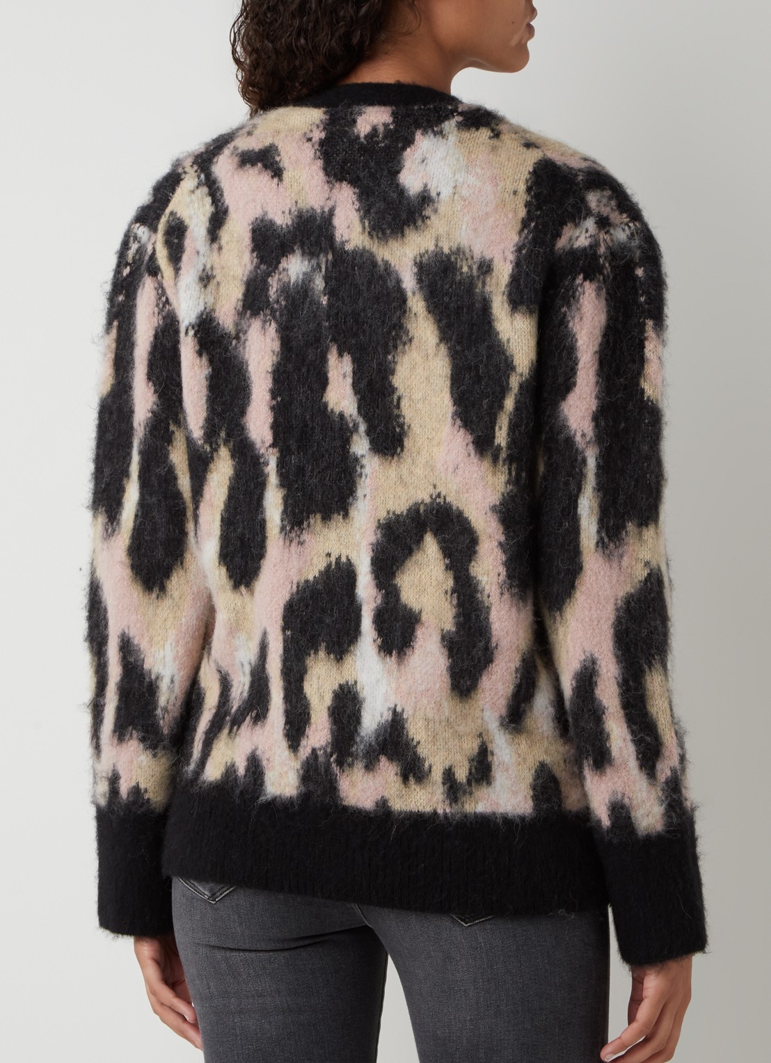 ALLSAINTS Lunar grofgebreid vest in alpaca wolblend met panterprint - achterkant 3 zwart