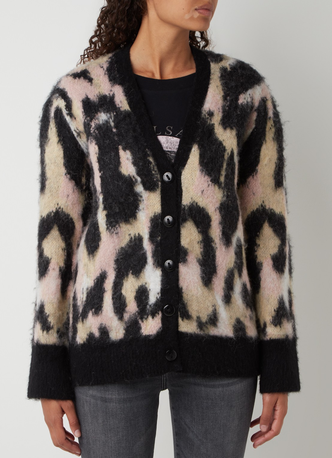 ALLSAINTS Lunar grofgebreid vest in alpaca wolblend met panterprint - detail 4 zwart