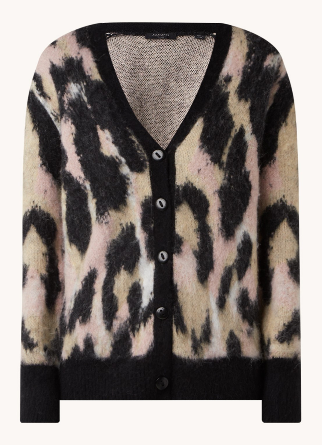 ALLSAINTS Lunar grofgebreid vest in alpaca wolblend met panterprint - voorkant zwart