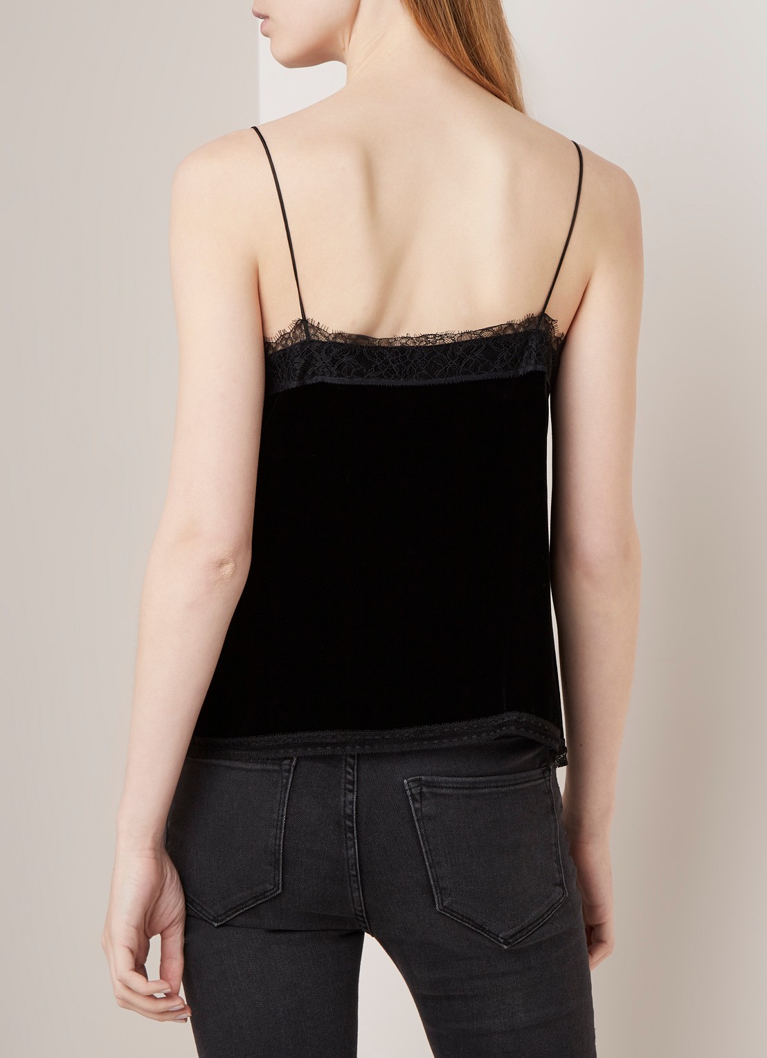 ALLSAINTS Noa spaghettitop van fluweel met kant - achterkant zwart