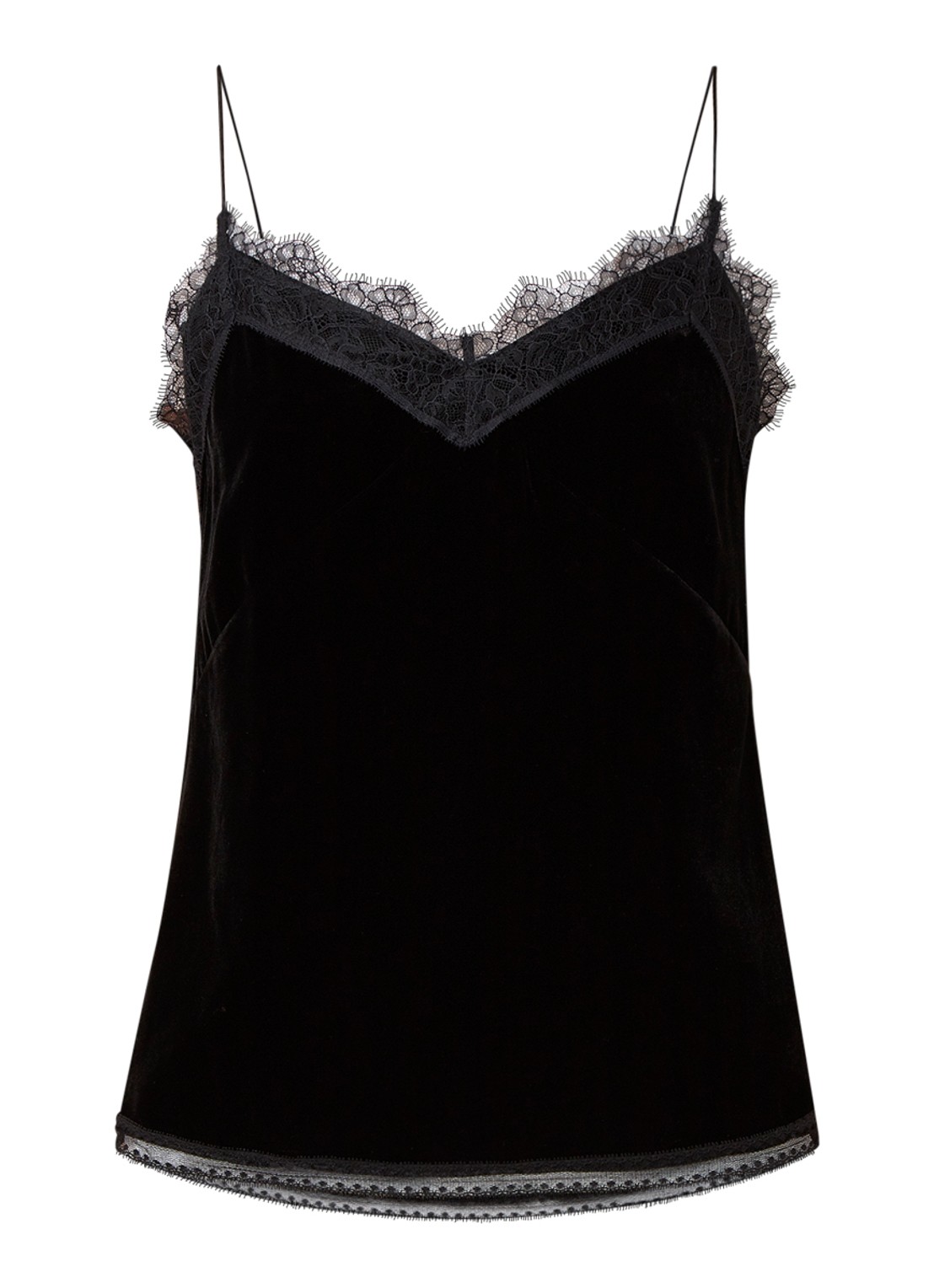 ALLSAINTS Noa spaghettitop van fluweel met kant - voorkant 2 zwart