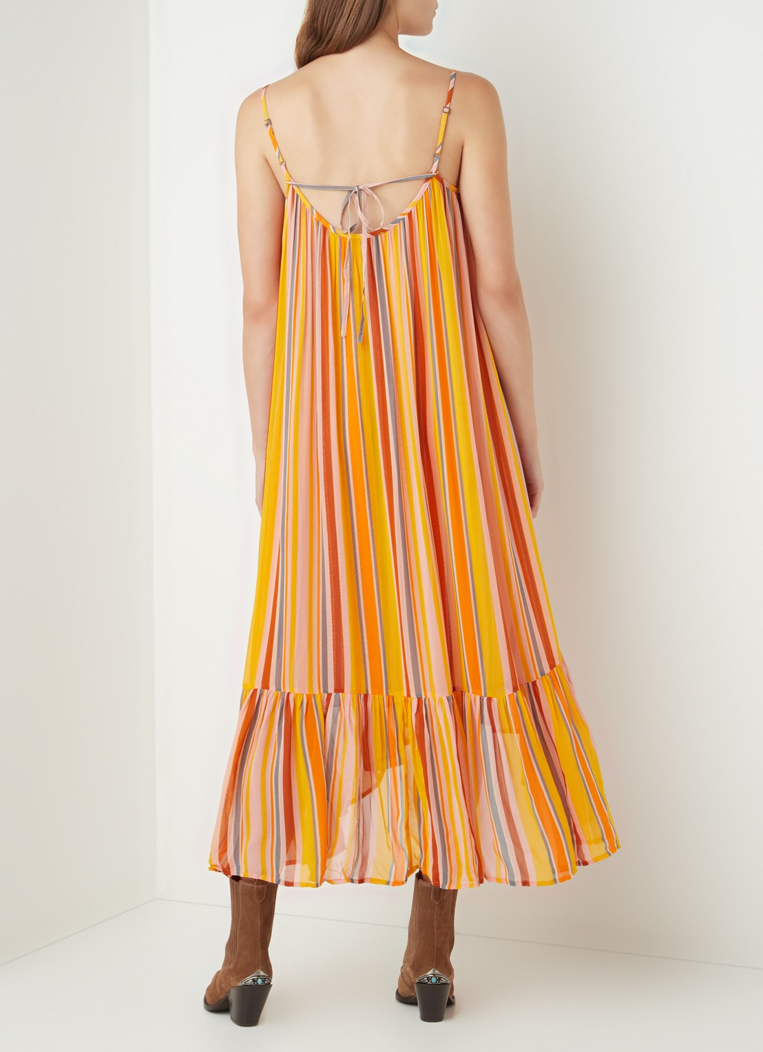 ALLSAINTS Paola maxi jurk met spaghetti bandjes en streepprint - achterkant 4 oranje