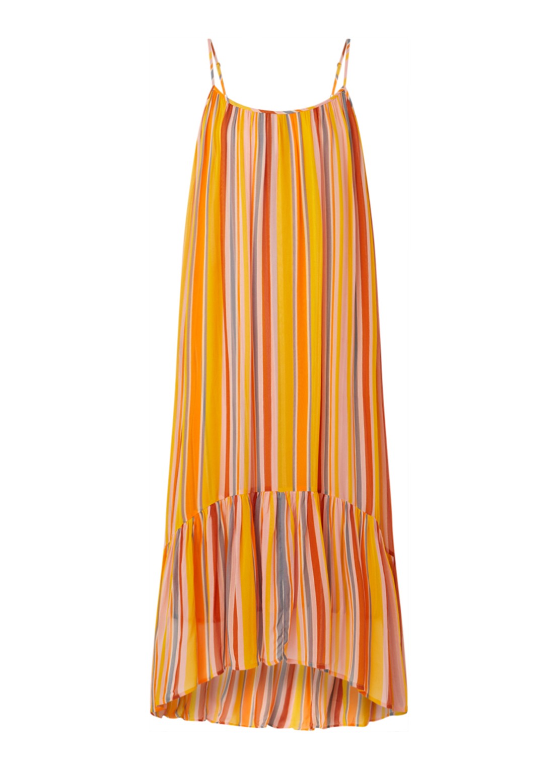 ALLSAINTS Paola maxi jurk met spaghetti bandjes en streepprint - voorkant oranje
