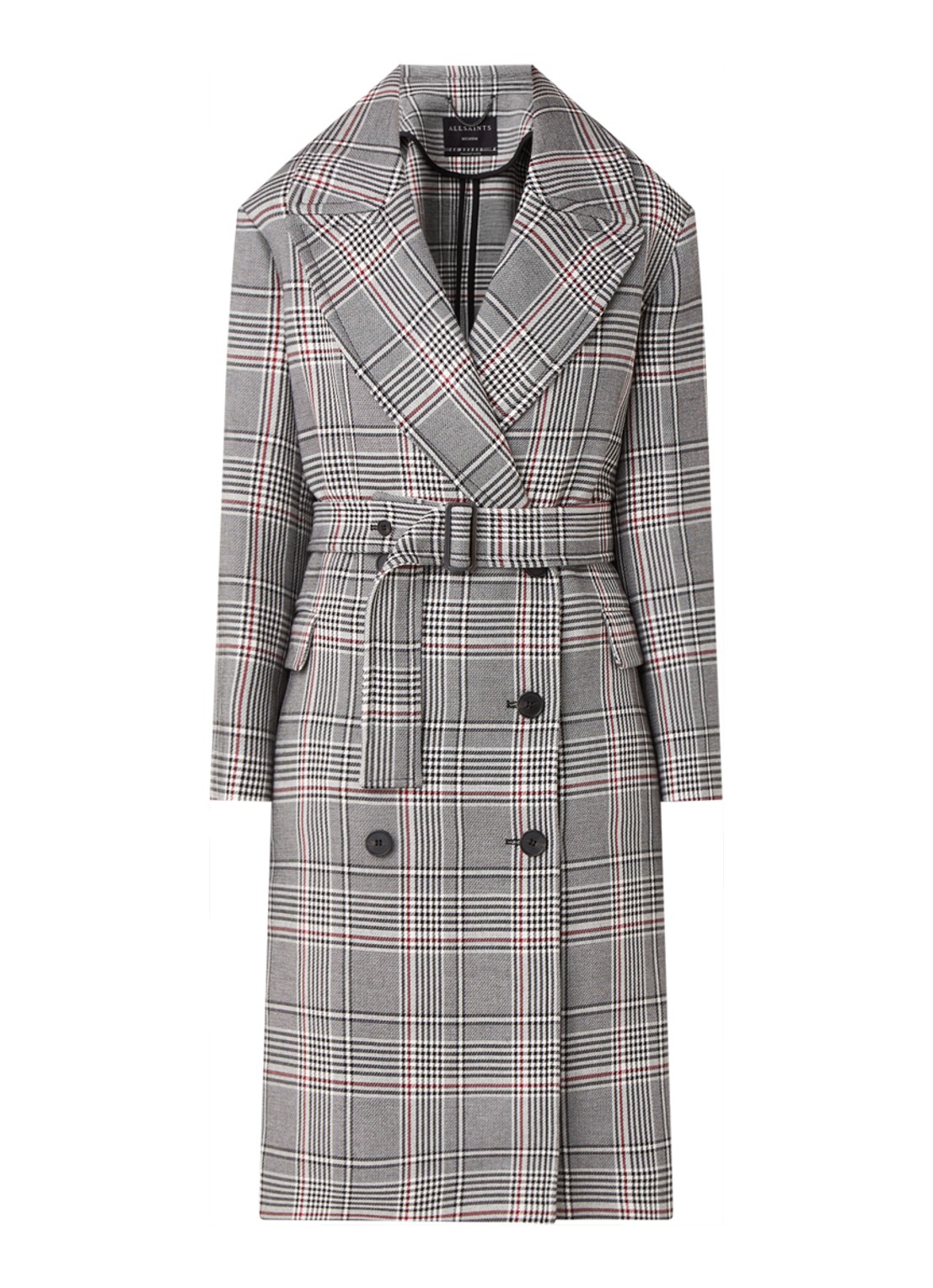 ALLSAINTS Tyla double-breasted trenchcoat met ruitdessin - voorkant grijs