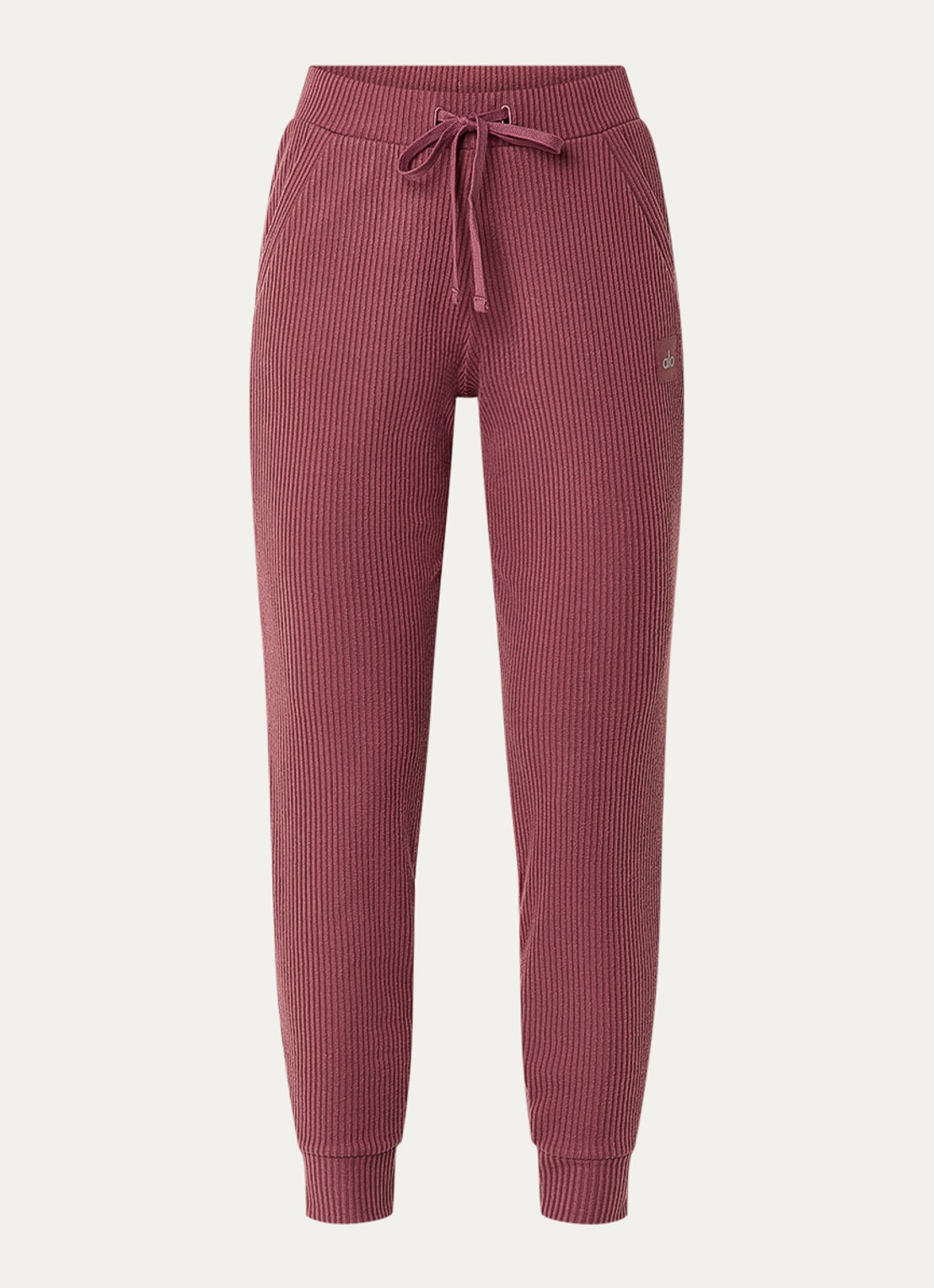 Alo Yoga Muse high waist tapered fit cropped joggingbroek met trekkoord en ribstructuur - voorkant 2 bordeauxrood