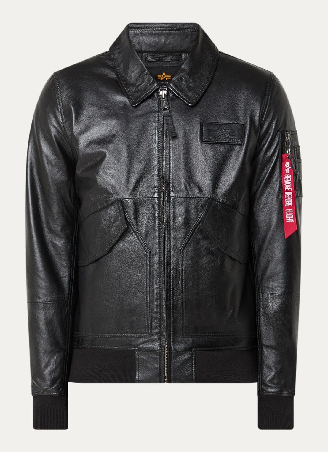 Alpha Industries CW-45 bomberjack van leer met klepzakken - voorkant zwart