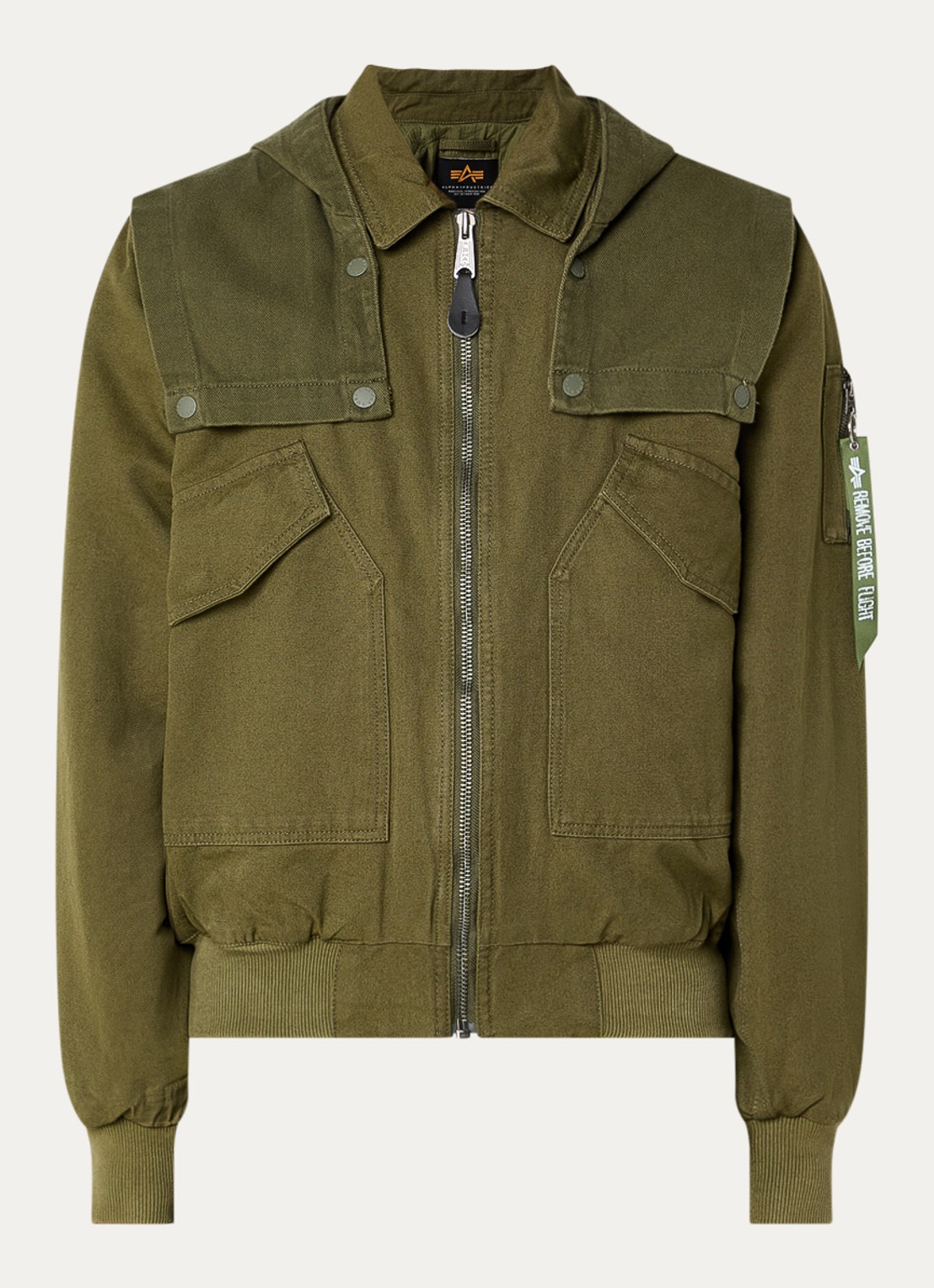 Alpha Industries CWU-45/P D-Tec gewatteerd bomberjack met capuchon - voorkant 2 olijfgroen