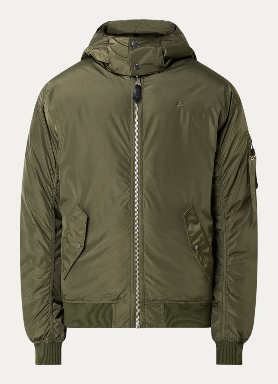 Alpha Industries MA-1 tafeta bomberjack met capuchon - voorkant 3 olijfgroen