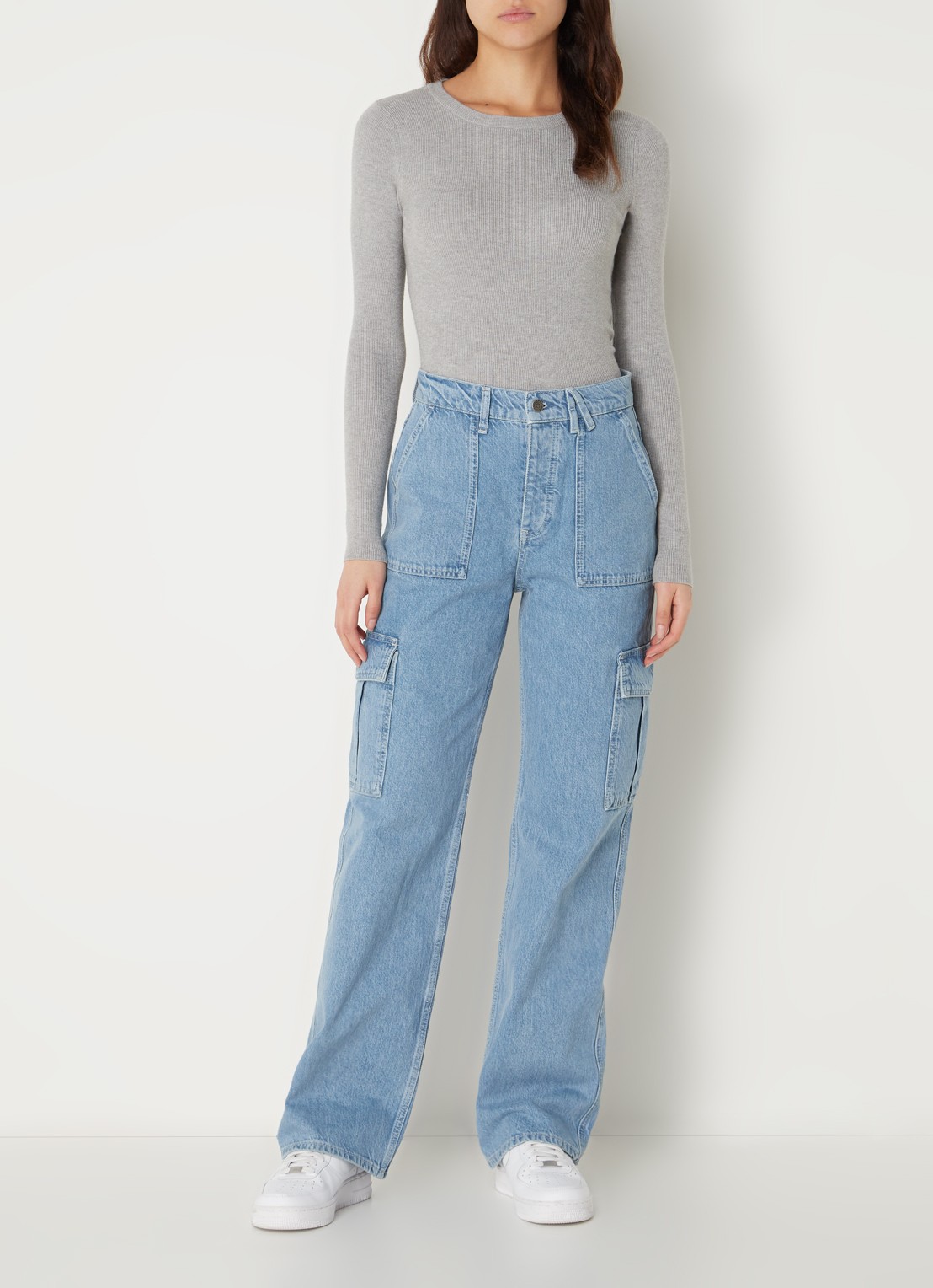 America Today Baltimore high waist straight fit cargobroek van denim - voorkant 5 indigo