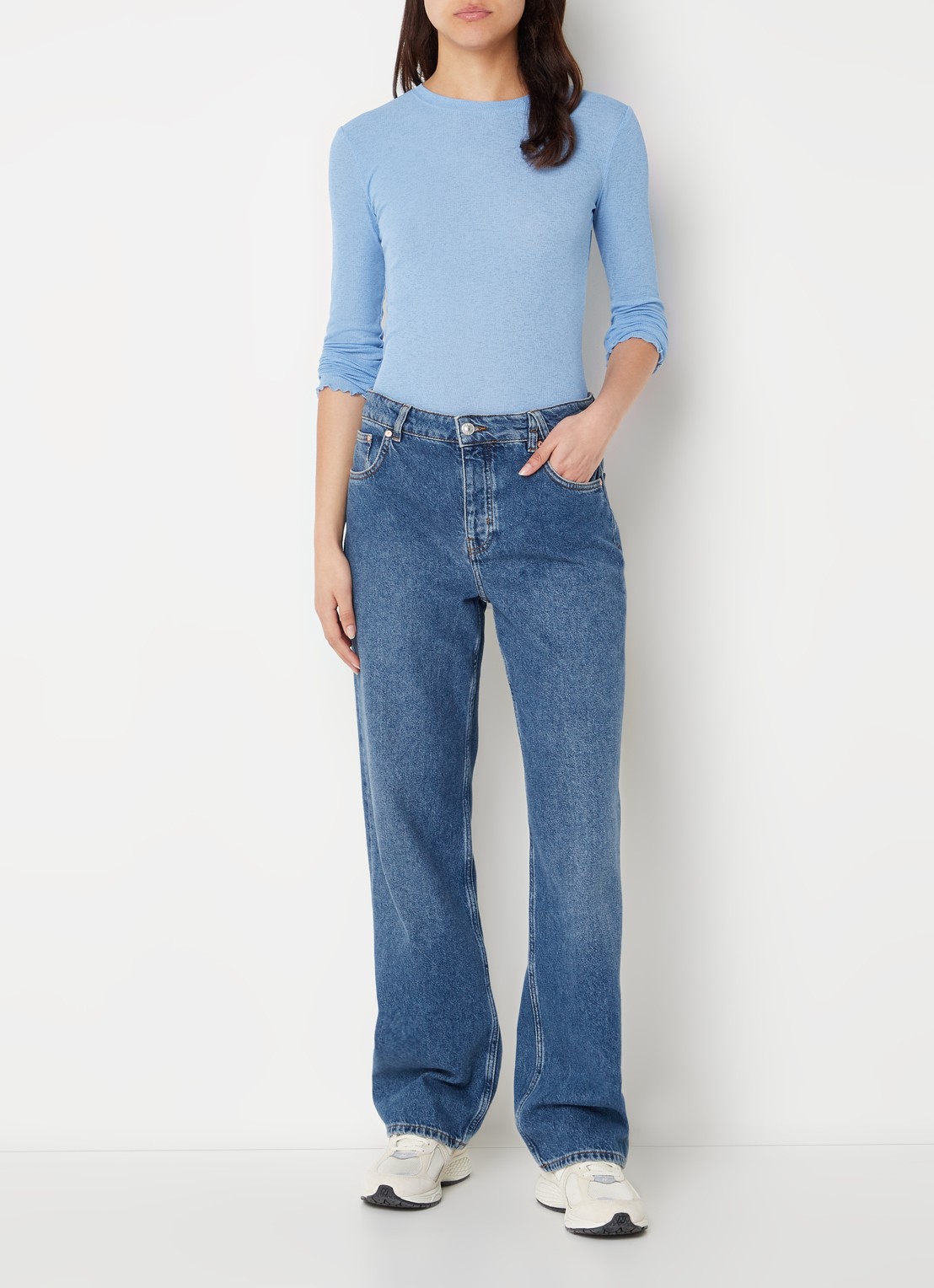 America Today Laia fijngebreide longsleeve met golvende zoom - voorkant 4 middenblauw