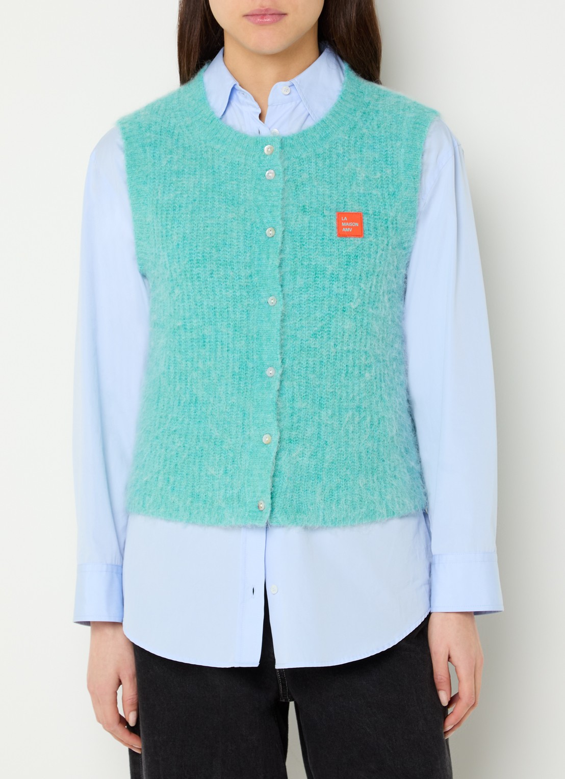 American Vintage East fijngebreid gilet in alpaca wolblend met logo - detail 4 turquoise