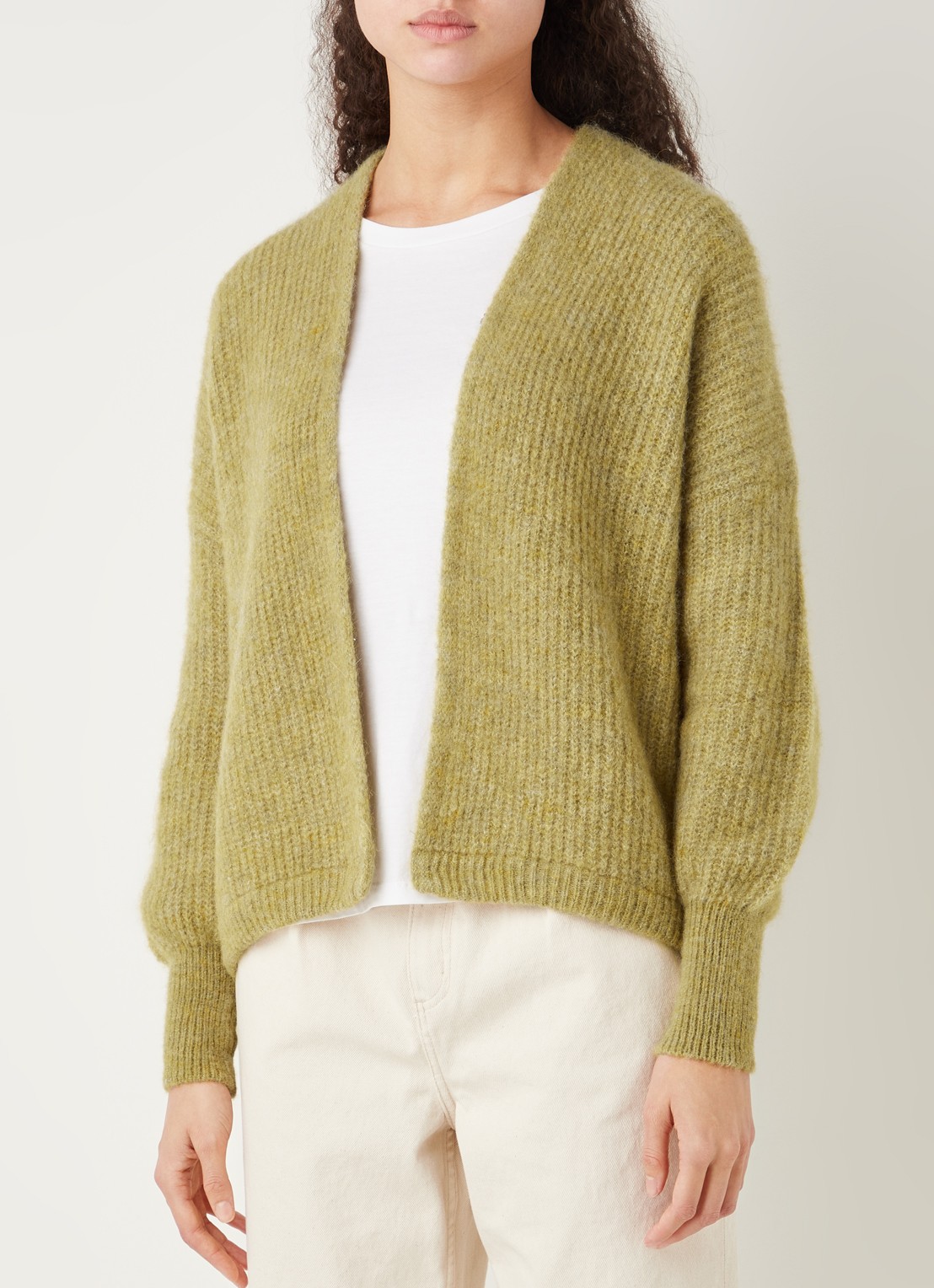 American Vintage East grofgebreid openvallend vest in alpaca wolblend - detail 3 mosgroen