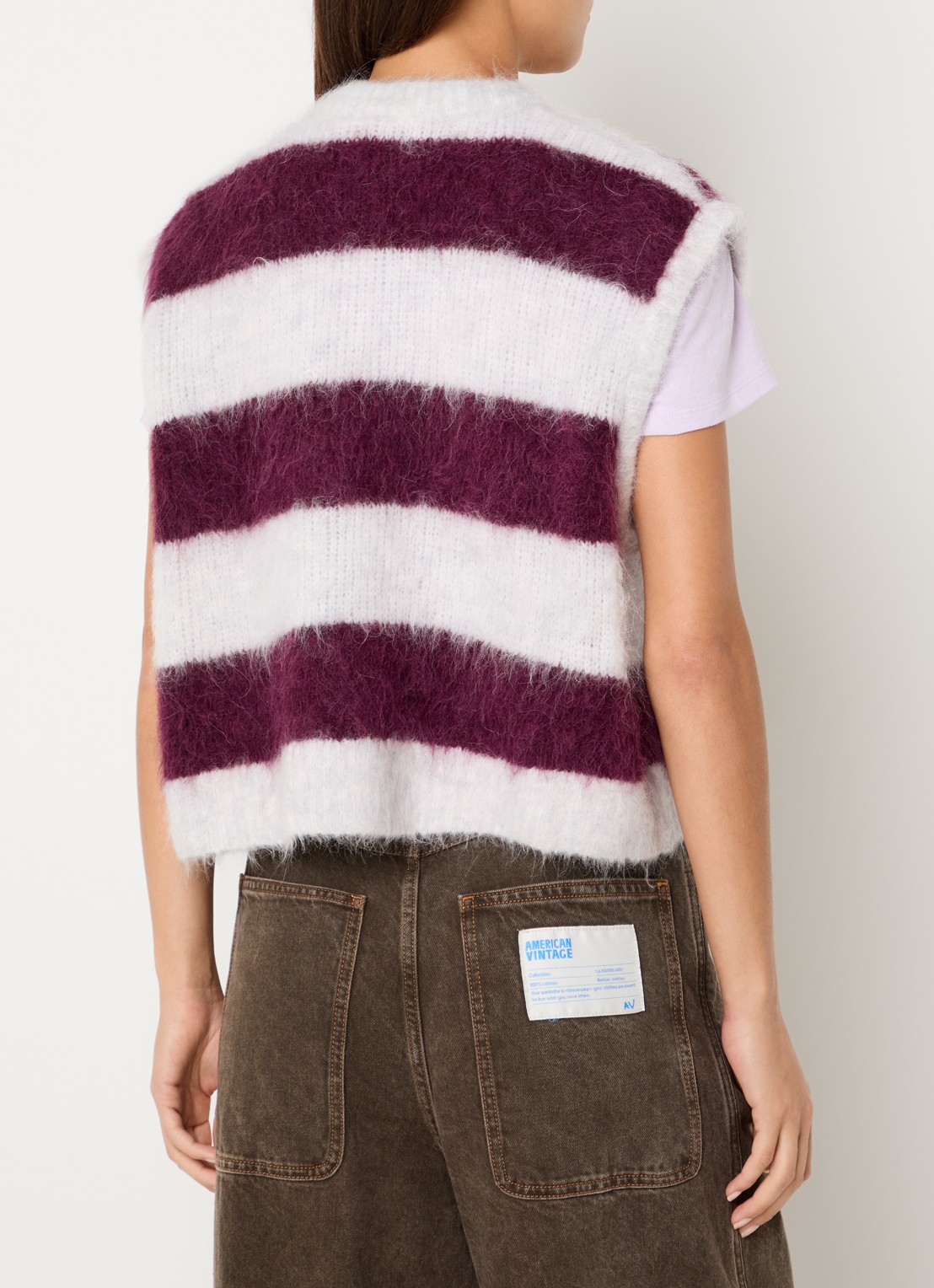 American Vintage Nibyra grofgebreide spencer in wolblend met streepprint - achterkant 2 aubergine
