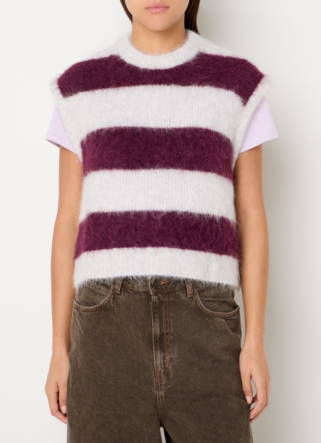 American Vintage Nibyra grofgebreide spencer in wolblend met streepprint - detail aubergine