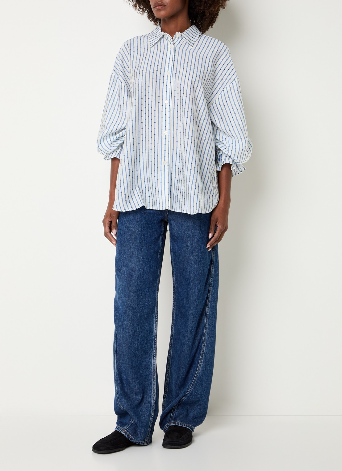 American Vintage Zivow blouse met streepprint - voorkant 3 petrol