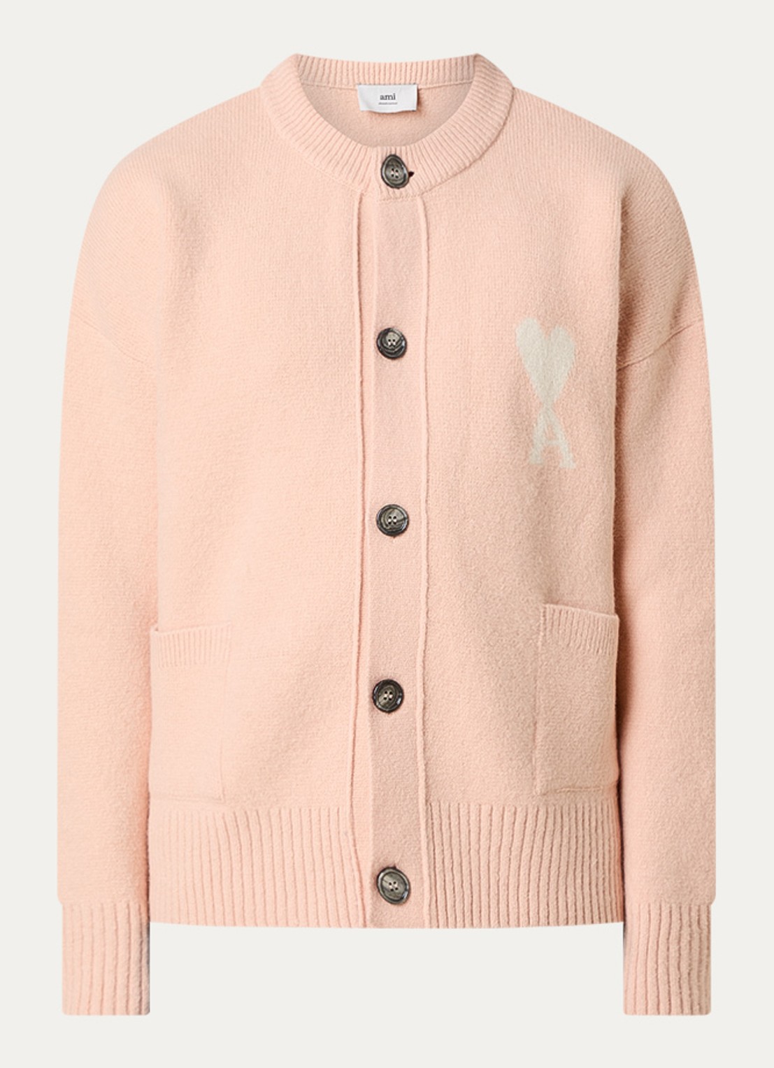AMI Paris Fijngebreid vest in alpaca wolblend met ingebreid logo - voorkant zalmroze