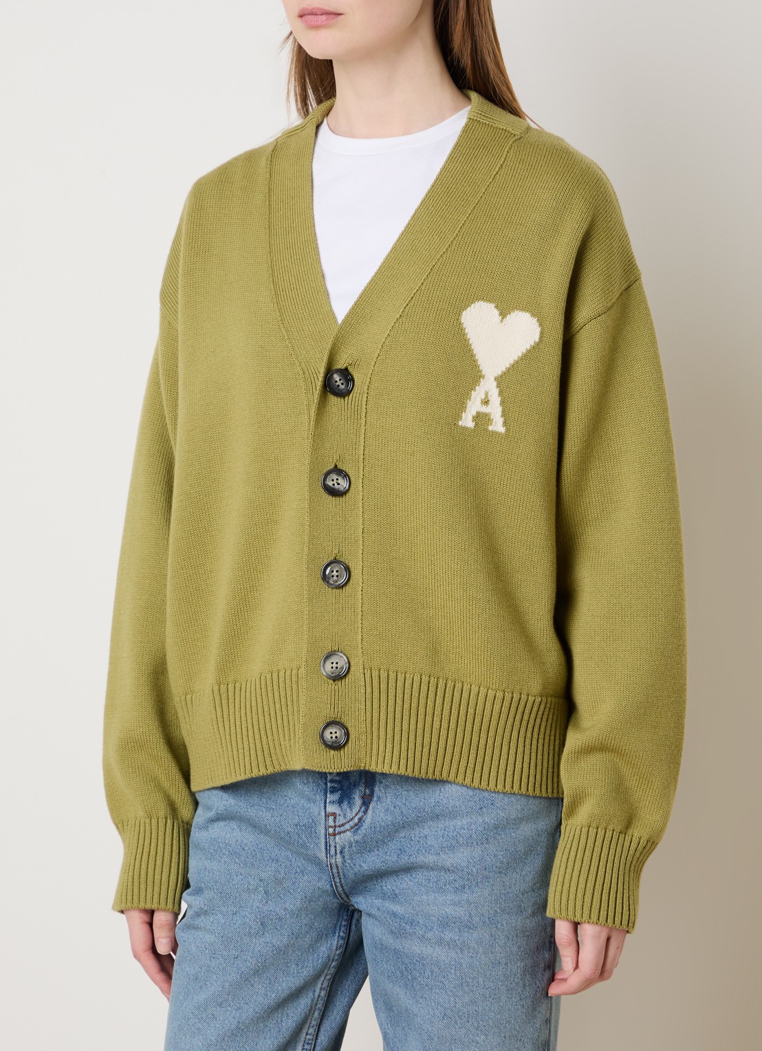 AMI Paris Fijngebreid vest in wolblend met logo - detail lichtgroen
