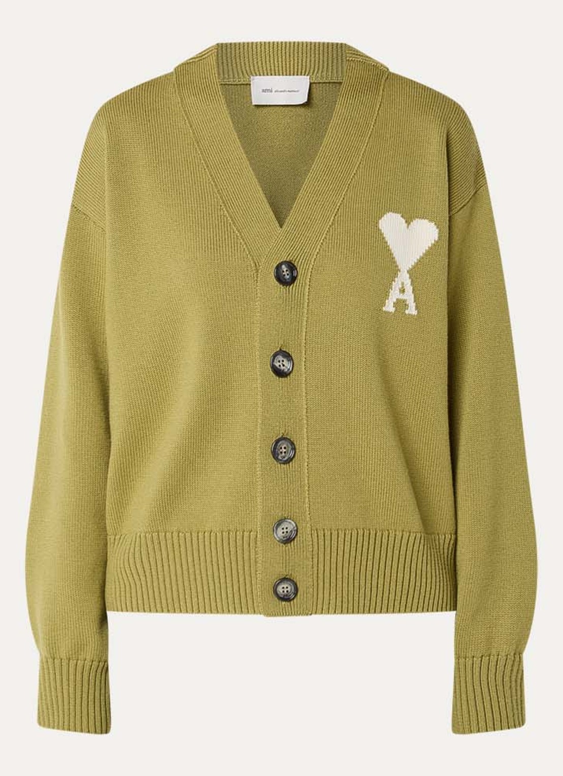 AMI Paris Fijngebreid vest in wolblend met logo - voorkant 4 lichtgroen