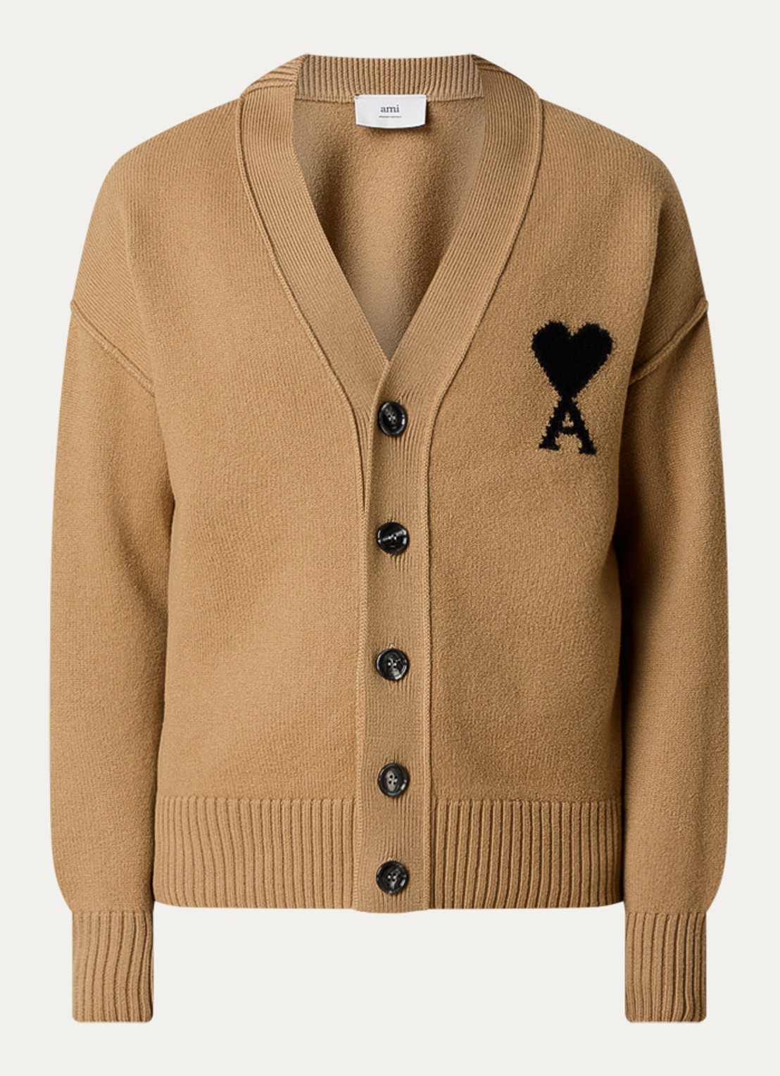 AMI Paris Fijngebreid vest van scheerwol met logo - voorkant 3 camel