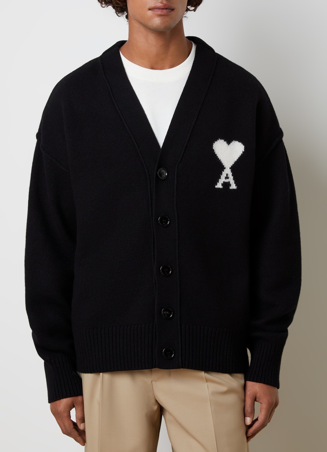 AMI Paris Fijngebreid vest van wol met logo - detail 4 zwart