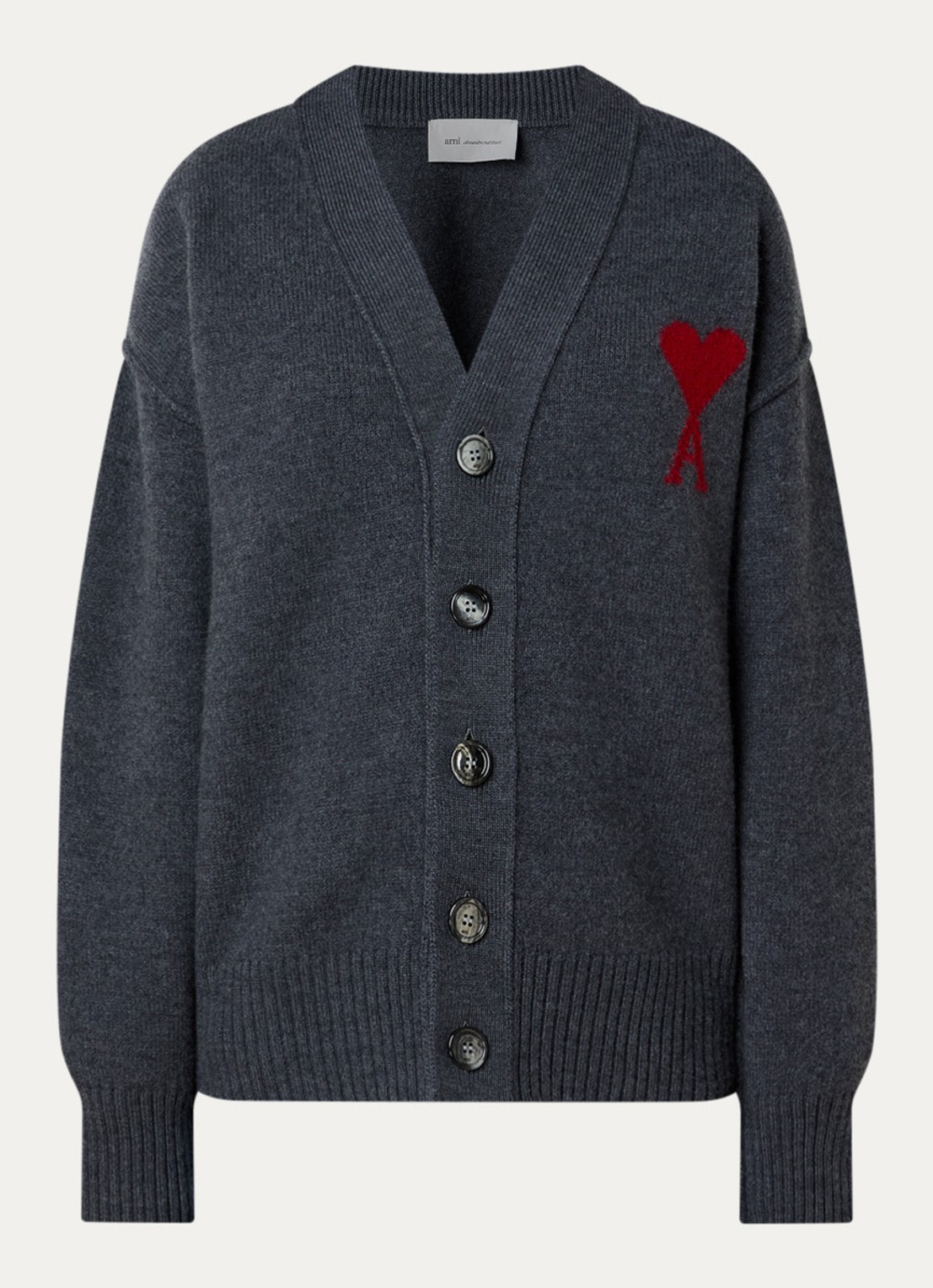 AMI Paris Fijngebreid vest van wol met logoprint - voorkant 4 antraciet