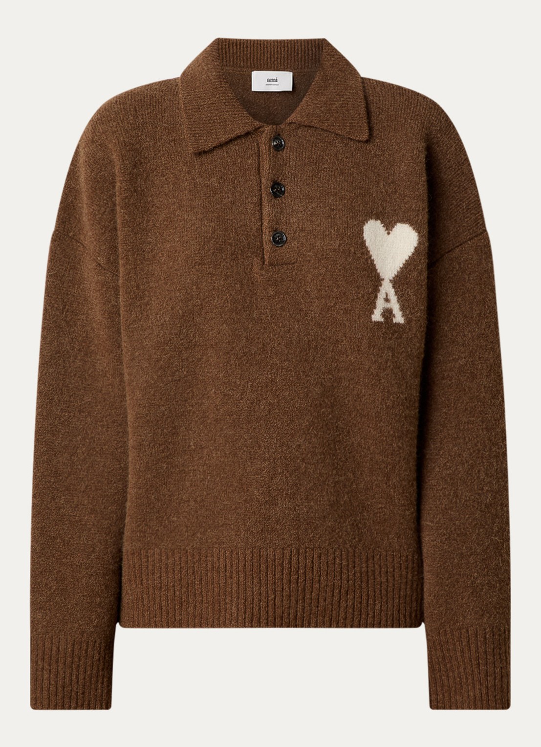 AMI Paris Fijngebreide trui in alpaca wolblend met logo - voorkant 4 bruin