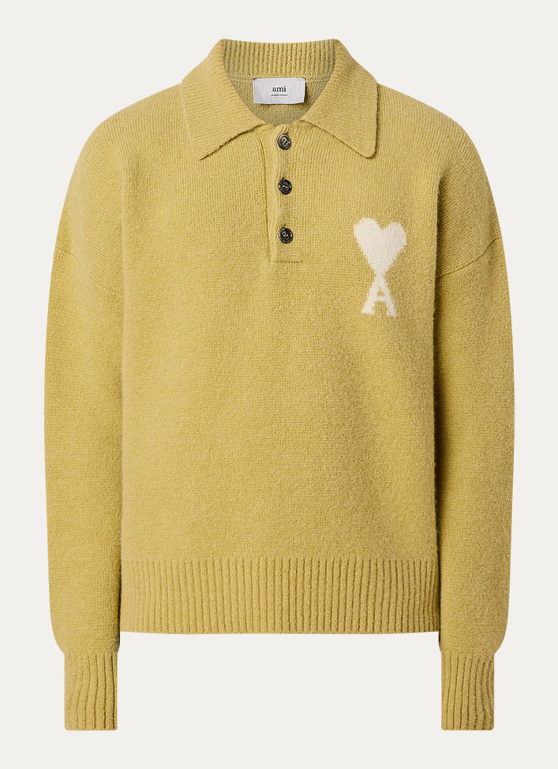 AMI Paris Fijngebreide trui in alpaca wolblend met polokraag en ingebreid logo - voorkant geel