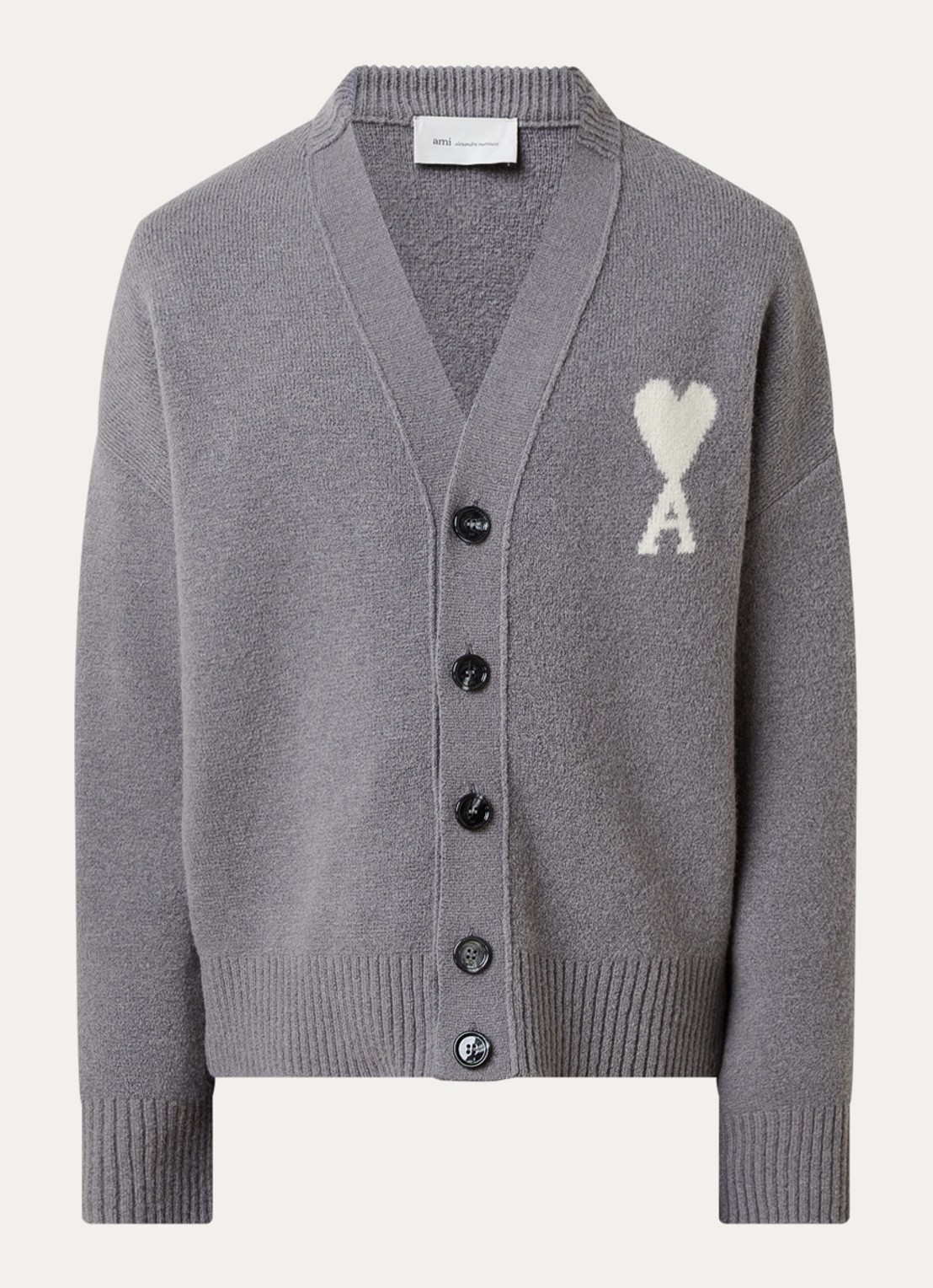 AMI Paris Grofgebreid vest in wolblend met logo - voorkant grijs