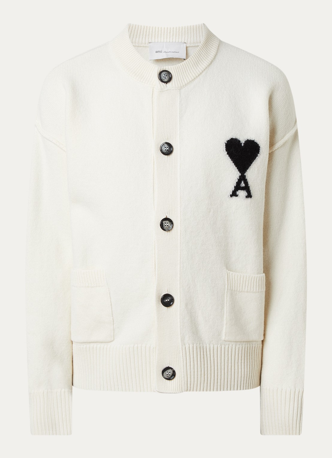 AMI Paris Grofgebreid vest van wol met logo - voorkant ivoor