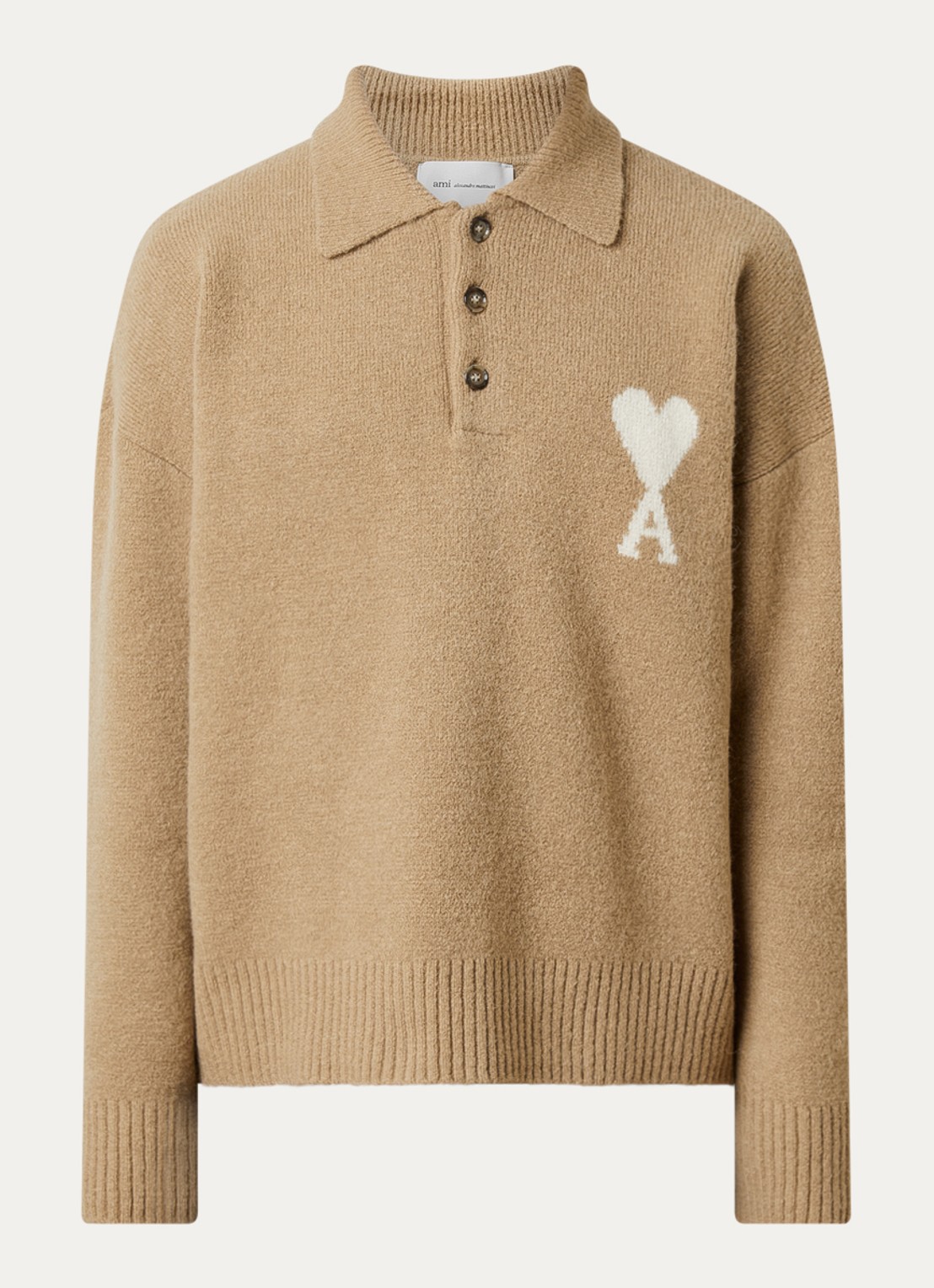 AMI Paris Grofgebreide pullover in wolblend met logo - voorkant beige