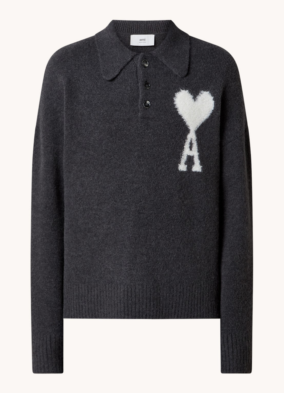 AMI Paris Grofgebreide trui in alpaca wolblend met polokraag en ingebreid logo - voorkant donkergrijs