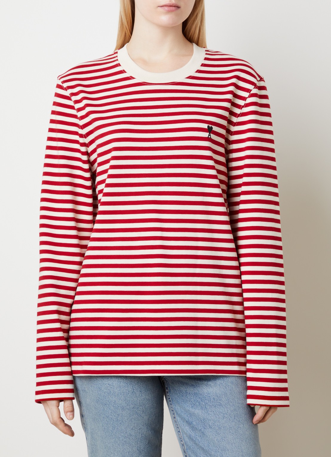 Ami Paris Longsleeve met streepprint en logoborduring - detail rood
