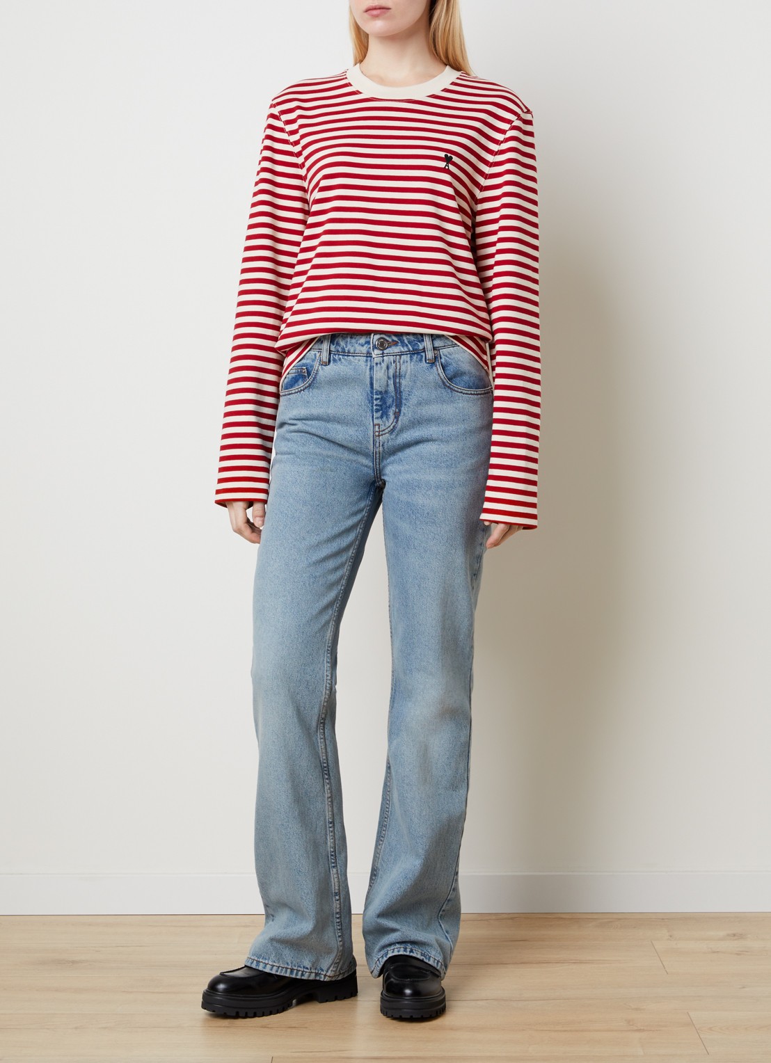 Ami Paris Longsleeve met streepprint en logoborduring - voorkant 5 rood