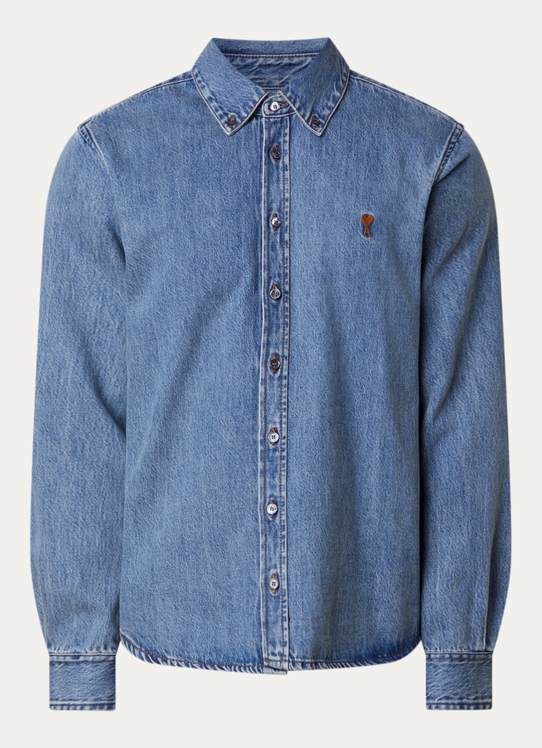 AMI Paris Regular fit overhemd van denim met logo - voorkant indigo