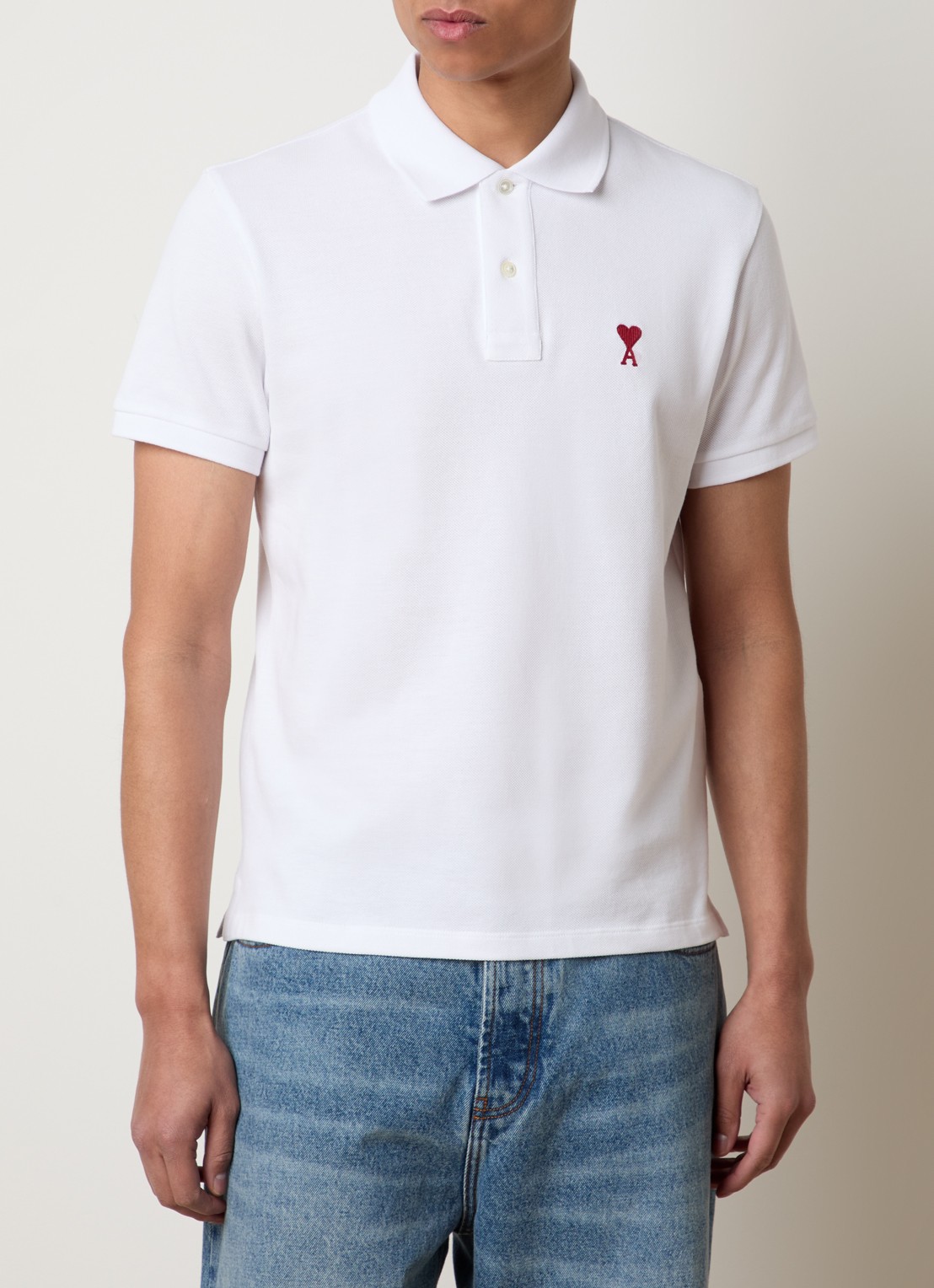 AMI Paris Regular fit polo van  piqué katoen met logo - detail wit