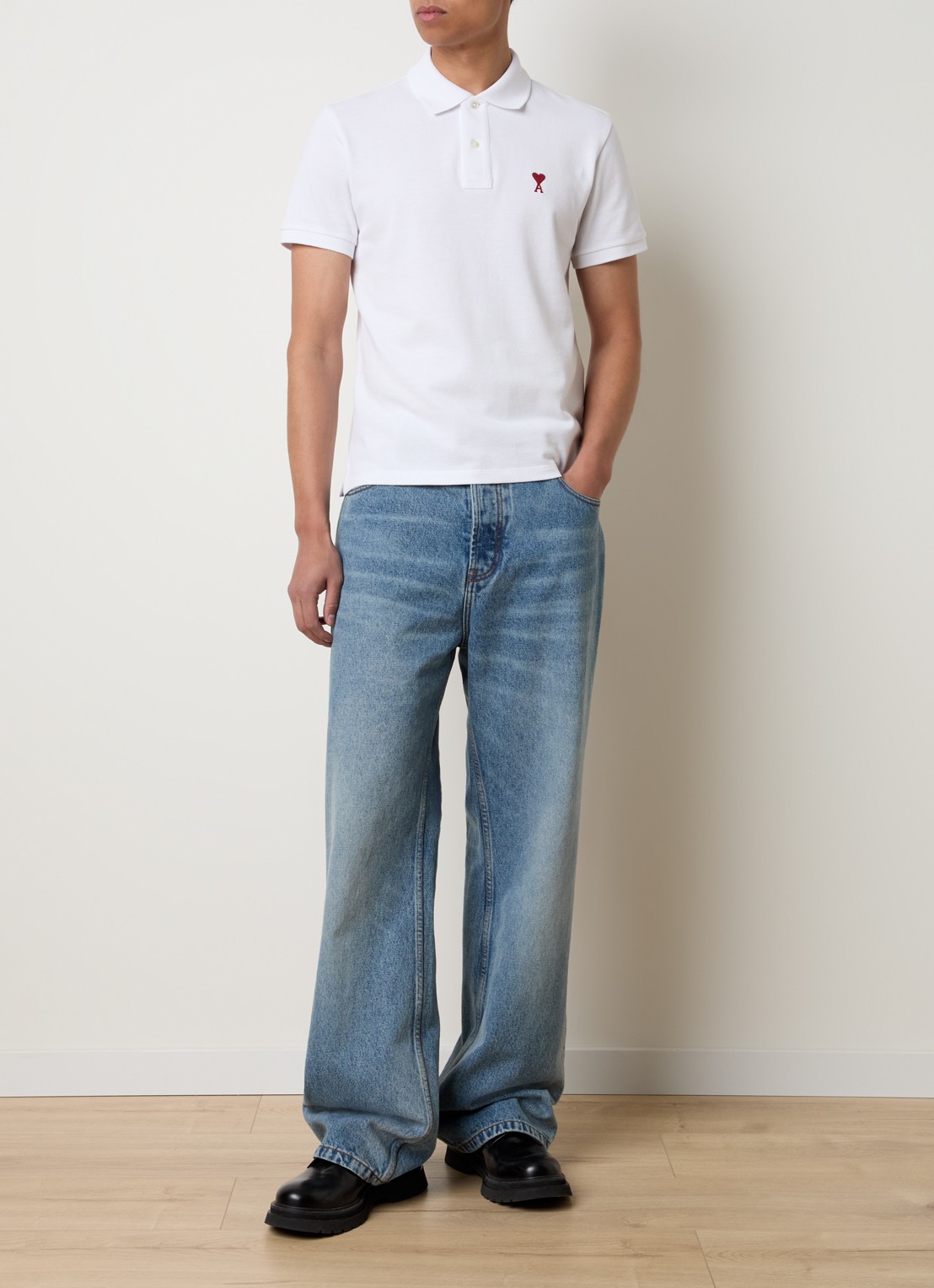 AMI Paris Regular fit polo van  piqué katoen met logo - voorkant 5 wit