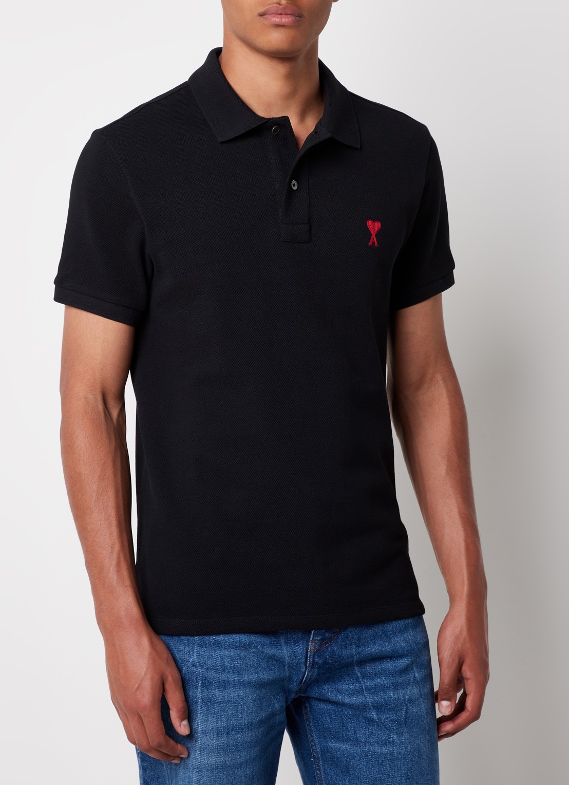 AMI Paris Regular fit polo van  piqué katoen met logo - detail zwart
