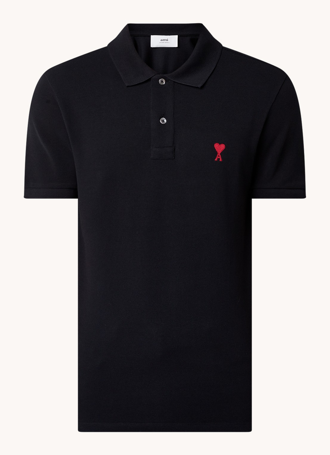 AMI Paris Regular fit polo van  piqué katoen met logo - voorkant 3 zwart