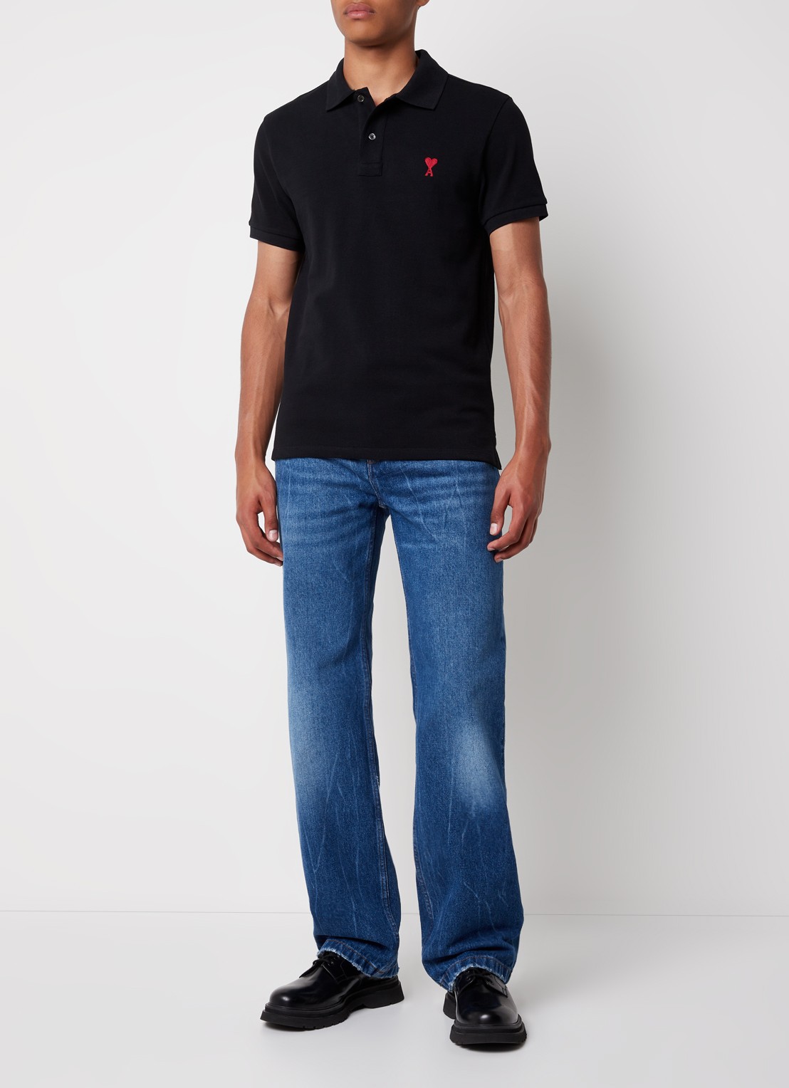 AMI Paris Regular fit polo van  piqué katoen met logo - voorkant 4 zwart