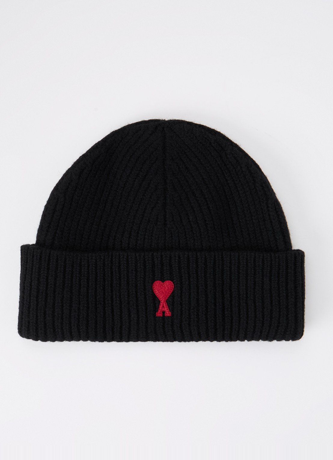 AMI Paris Ribgebreide muts van wol met logo - voorkant zwart