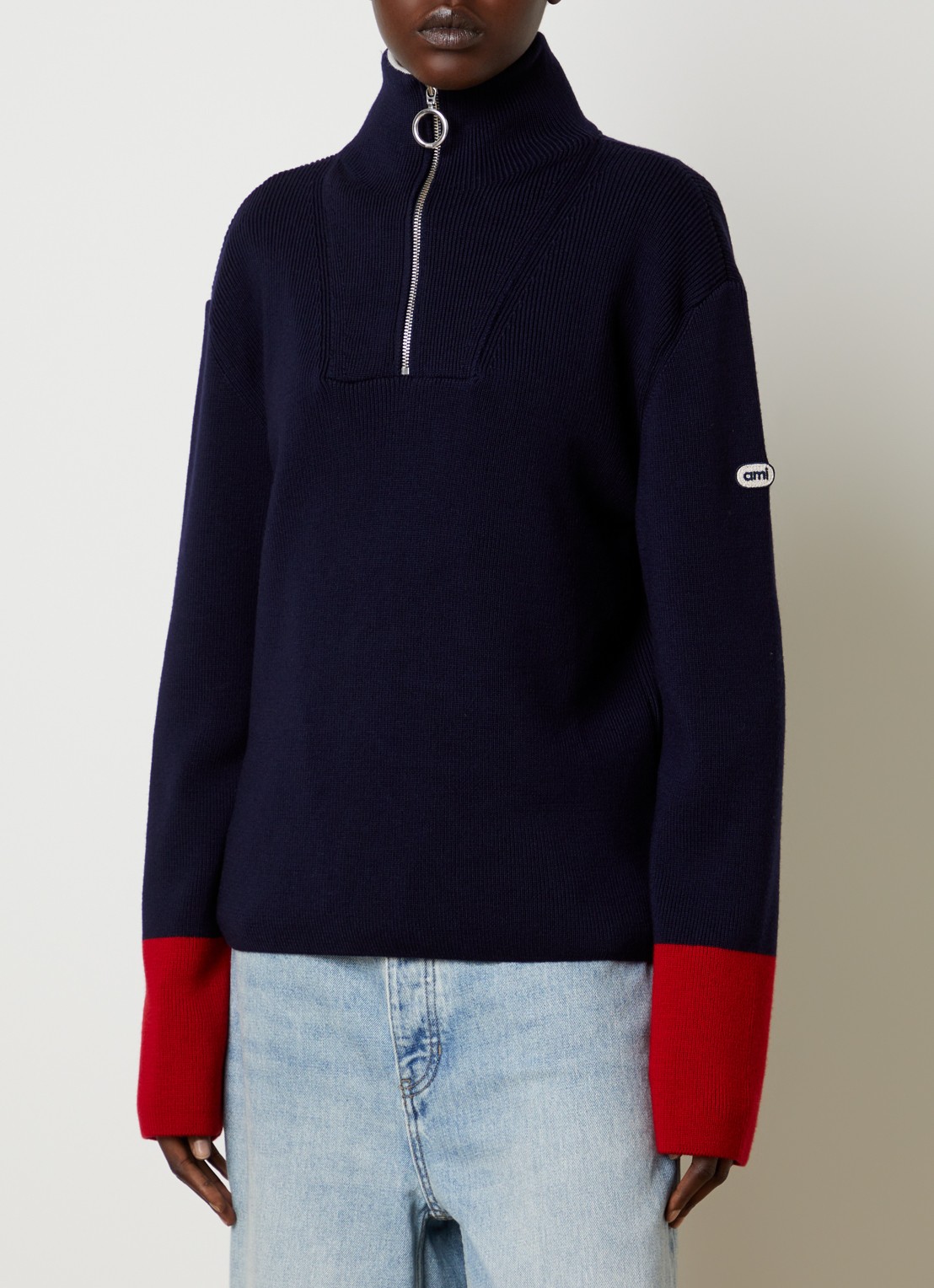 Ami Paris Ribgebreide trui van merino wol met halve rits - detail 2 donkerblauw
