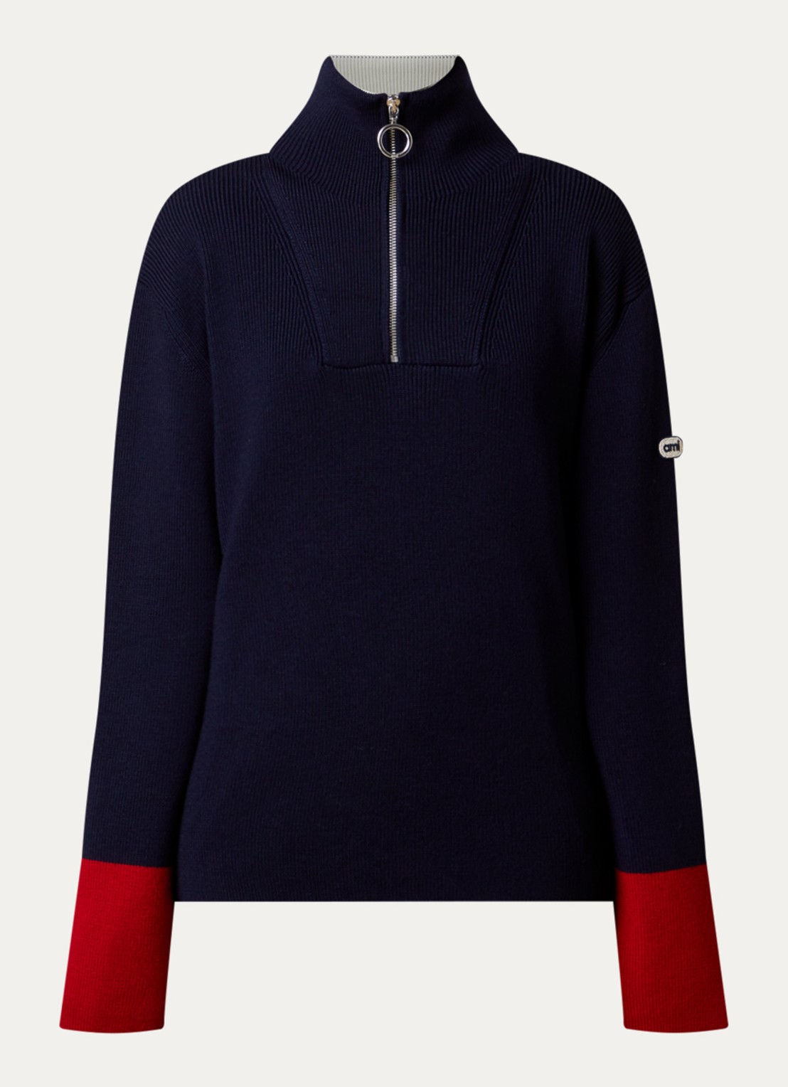 Ami Paris Ribgebreide trui van merino wol met halve rits - voorkant 4 donkerblauw