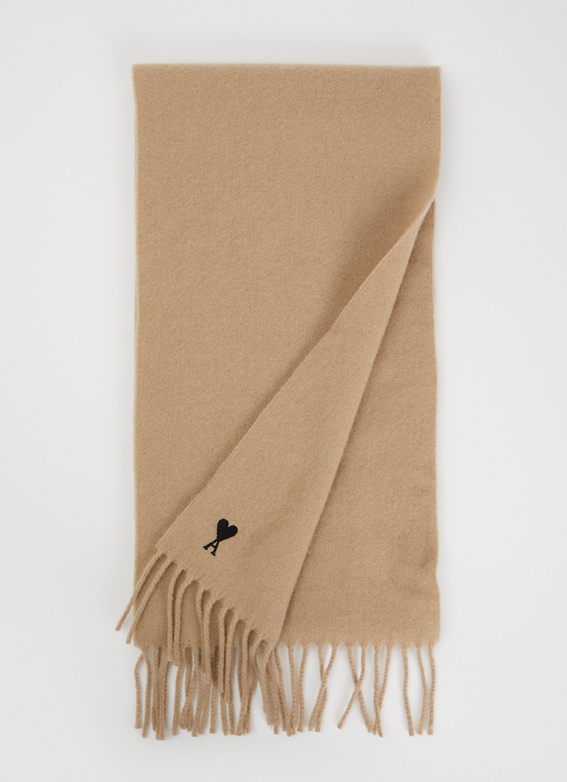 AMI Paris Sjaal van wol met franjes 190 x 25 cm - voorkant donkerbeige